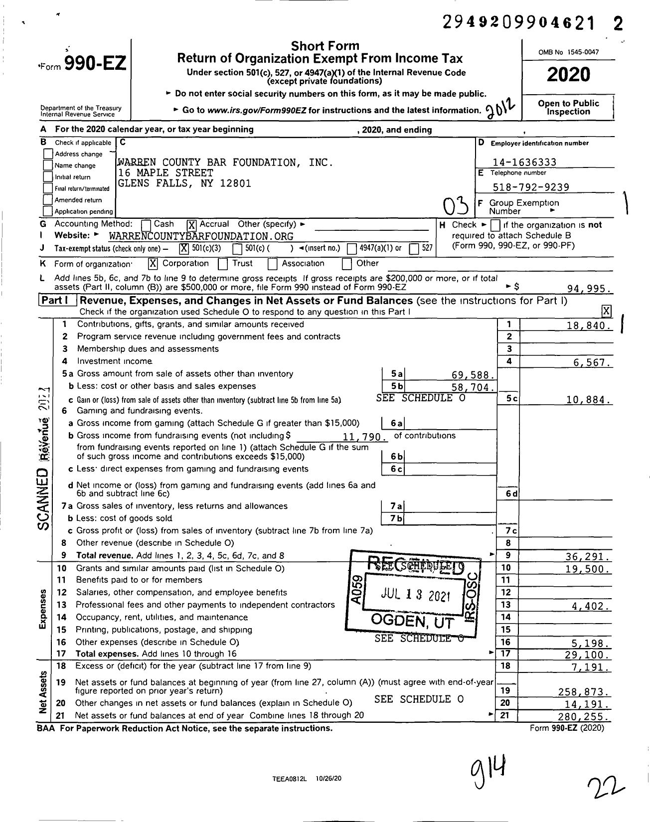 Image of first page of 2020 Form 990EZ for Warren County Bar Foundation