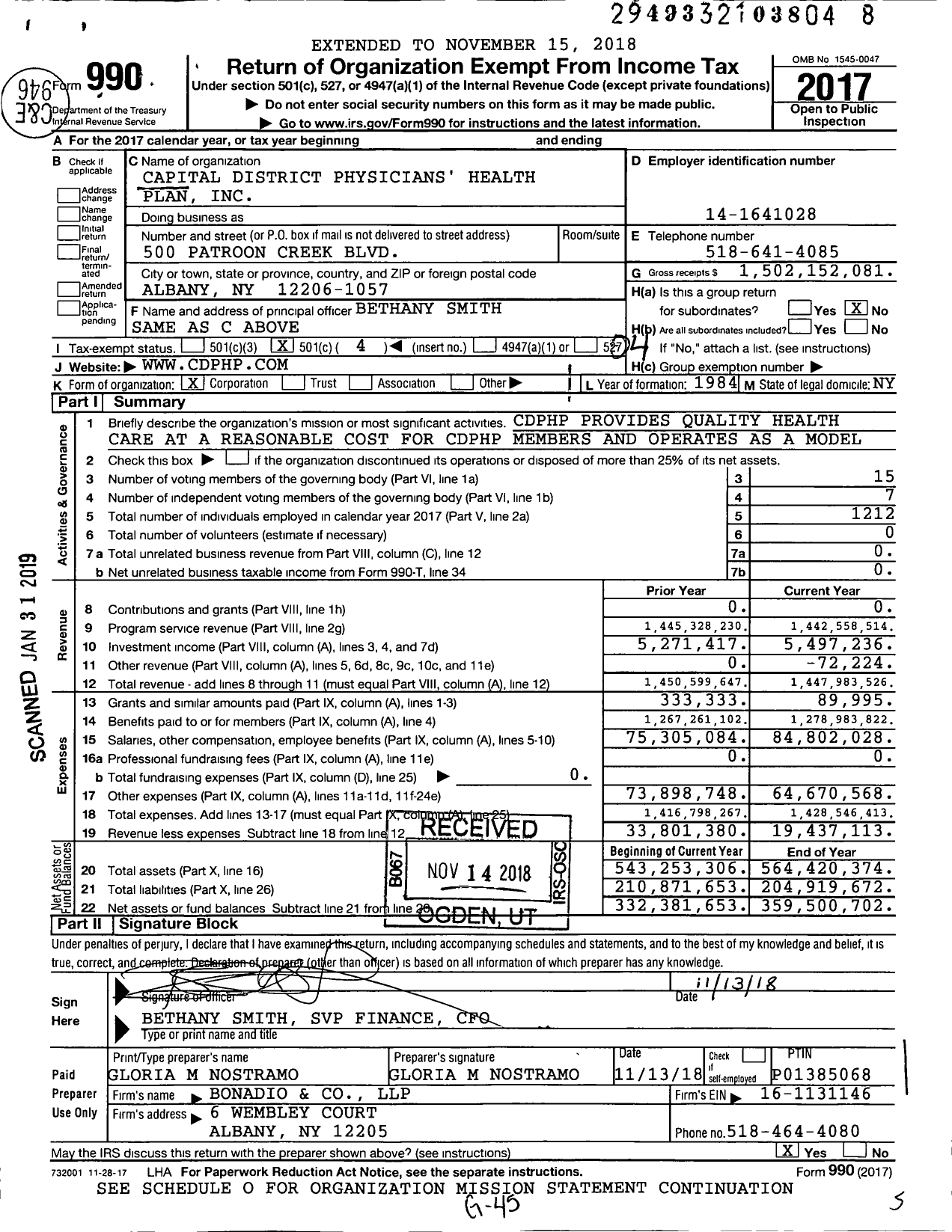 Image of first page of 2017 Form 990O for Capital District Physicians Health Plan (CDPHP)