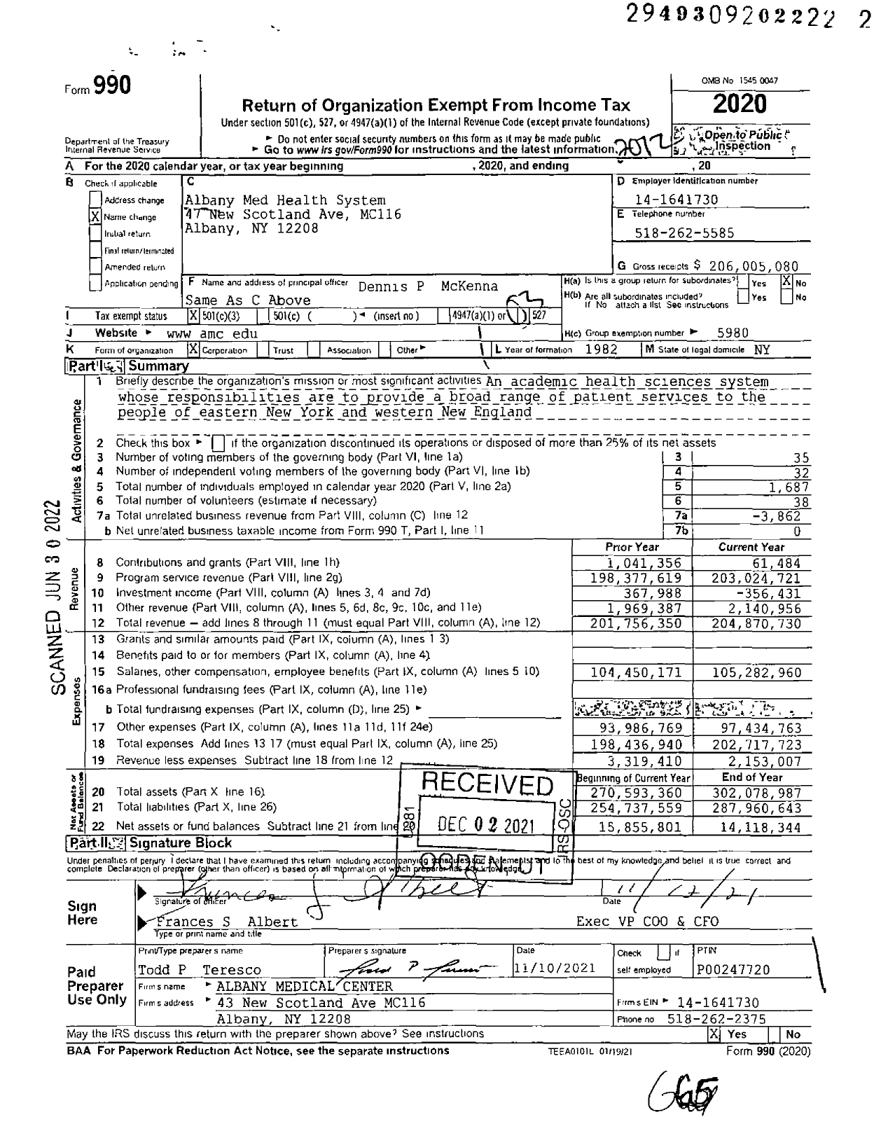 Image of first page of 2020 Form 990 for Albany Medical Health System (AMC)