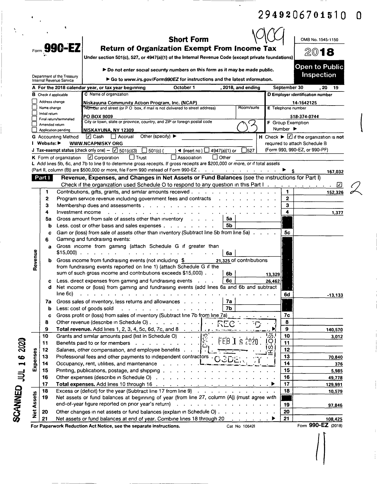 Image of first page of 2018 Form 990EZ for Niskayuna Community Action Program (NCAP)