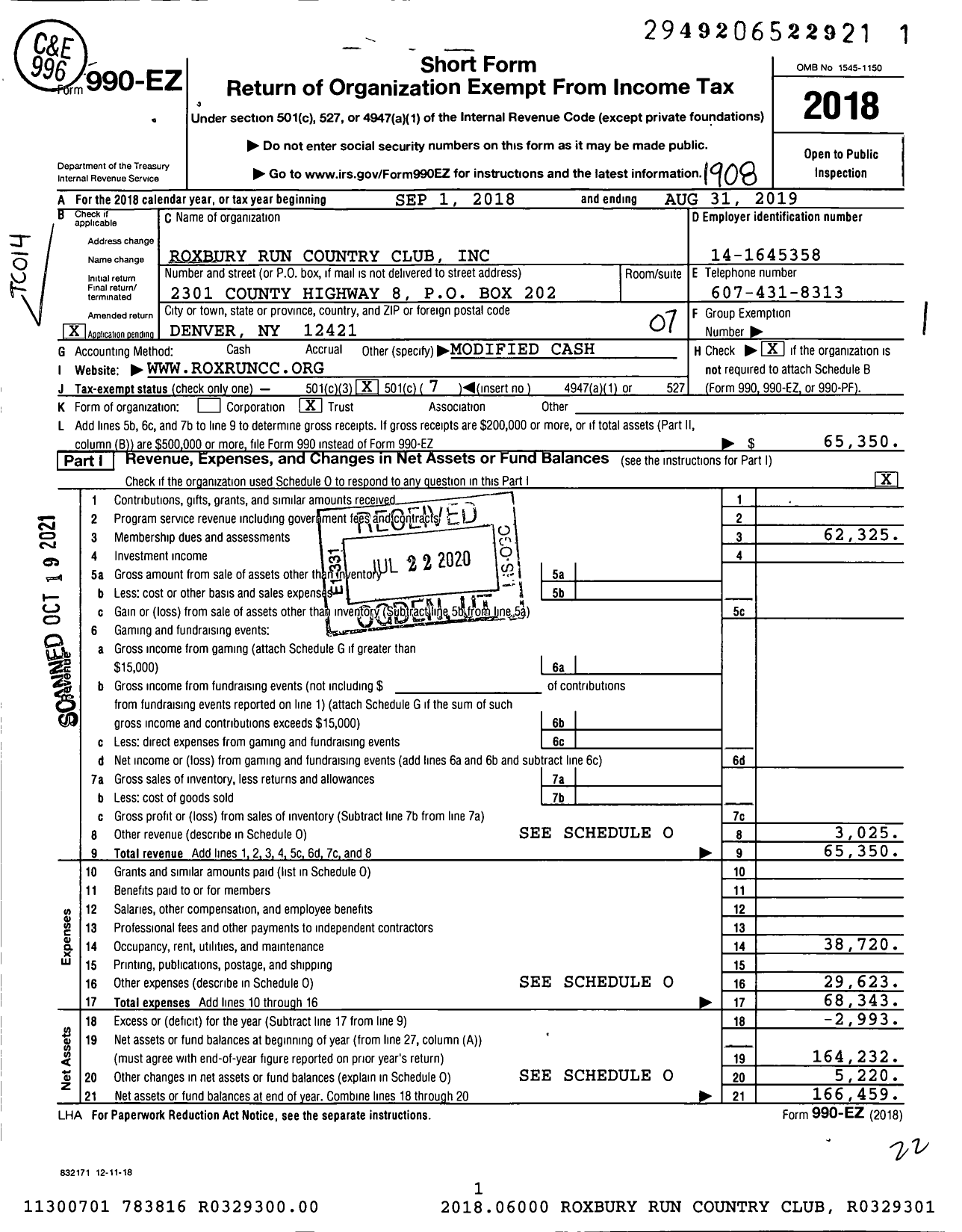 Image of first page of 2018 Form 990EO for Roxbury Run Country Club