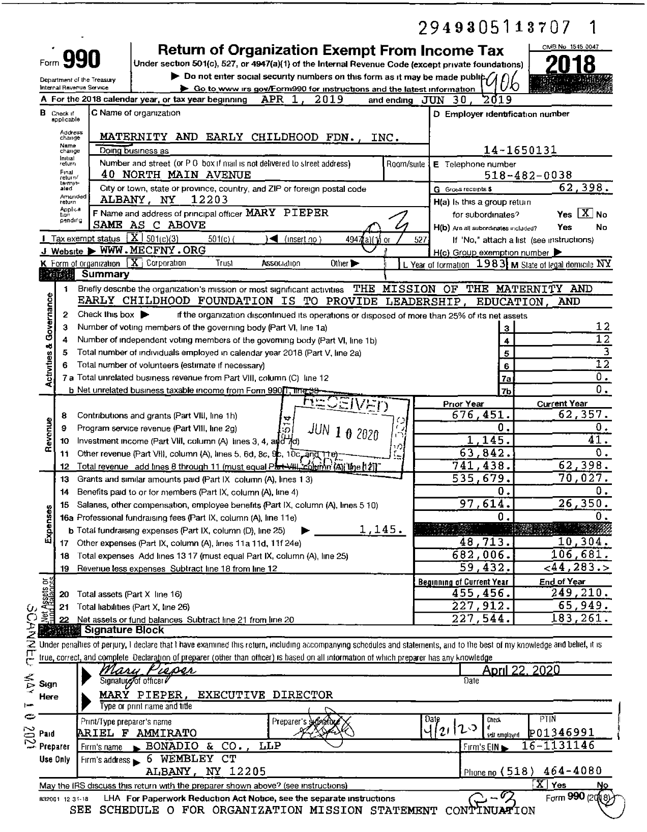 Image of first page of 2018 Form 990 for Maternity and Early Childhood Foundation