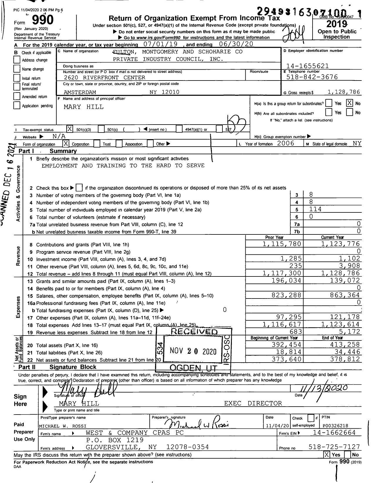 Image of first page of 2019 Form 990 for Fulton Montgomery and Schoharie Private Industry Council