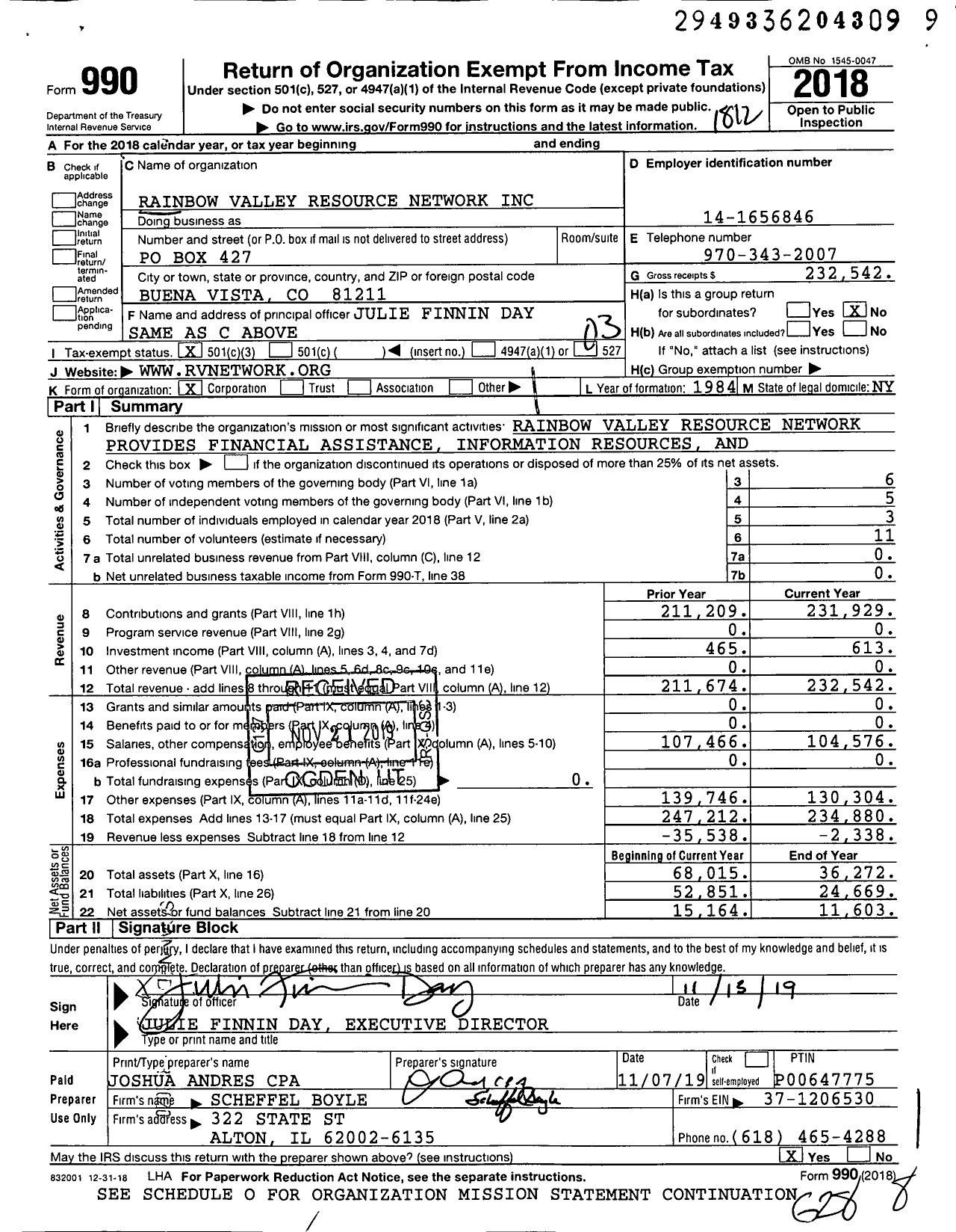 Image of first page of 2018 Form 990 for Rainbow Valley Resource Network