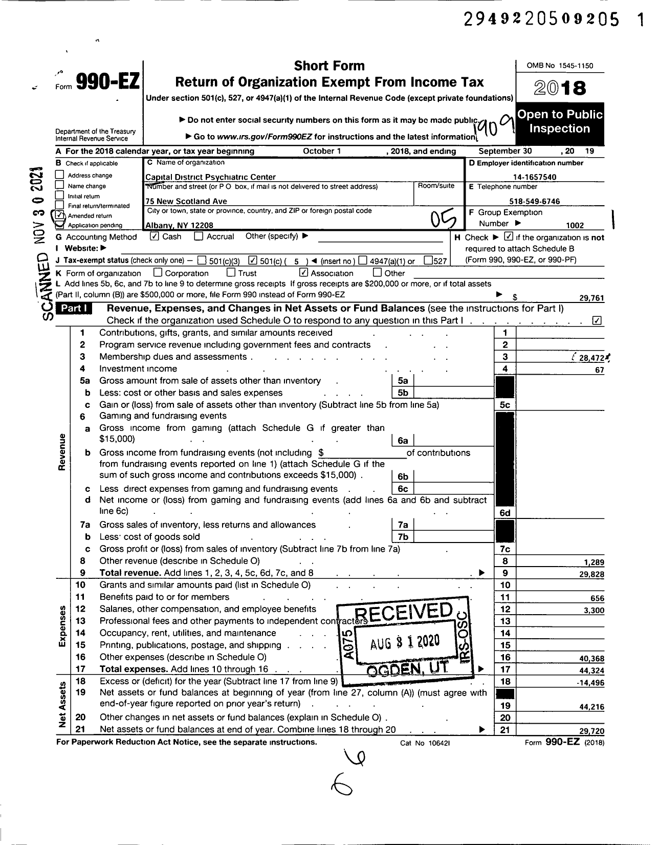 Image of first page of 2018 Form 990EO for Civil Service Employees Association - 0692 Capital District Psych Center