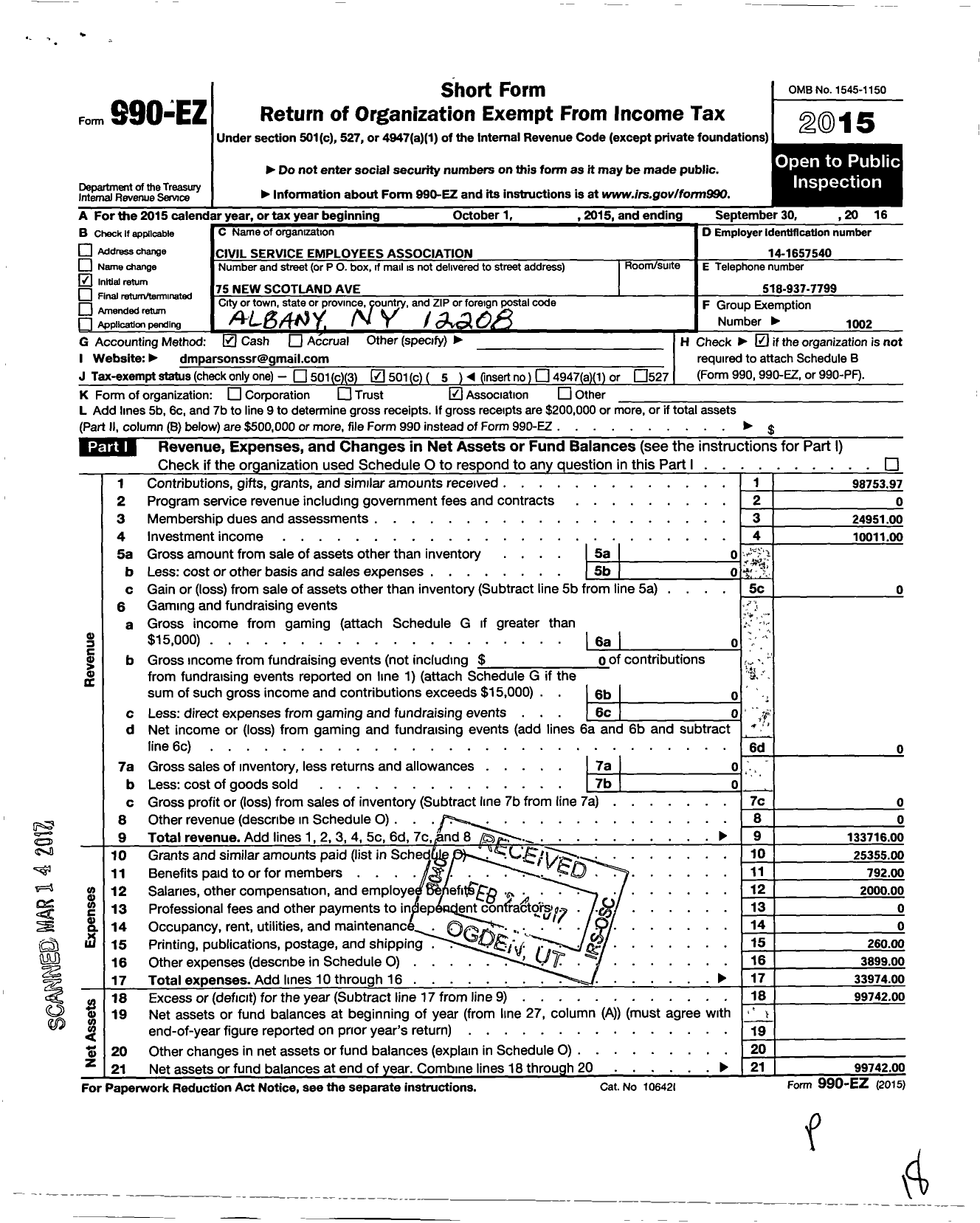 Image of first page of 2015 Form 990EO for Civil Service Employees Association - 0692 Capital District Psych Center