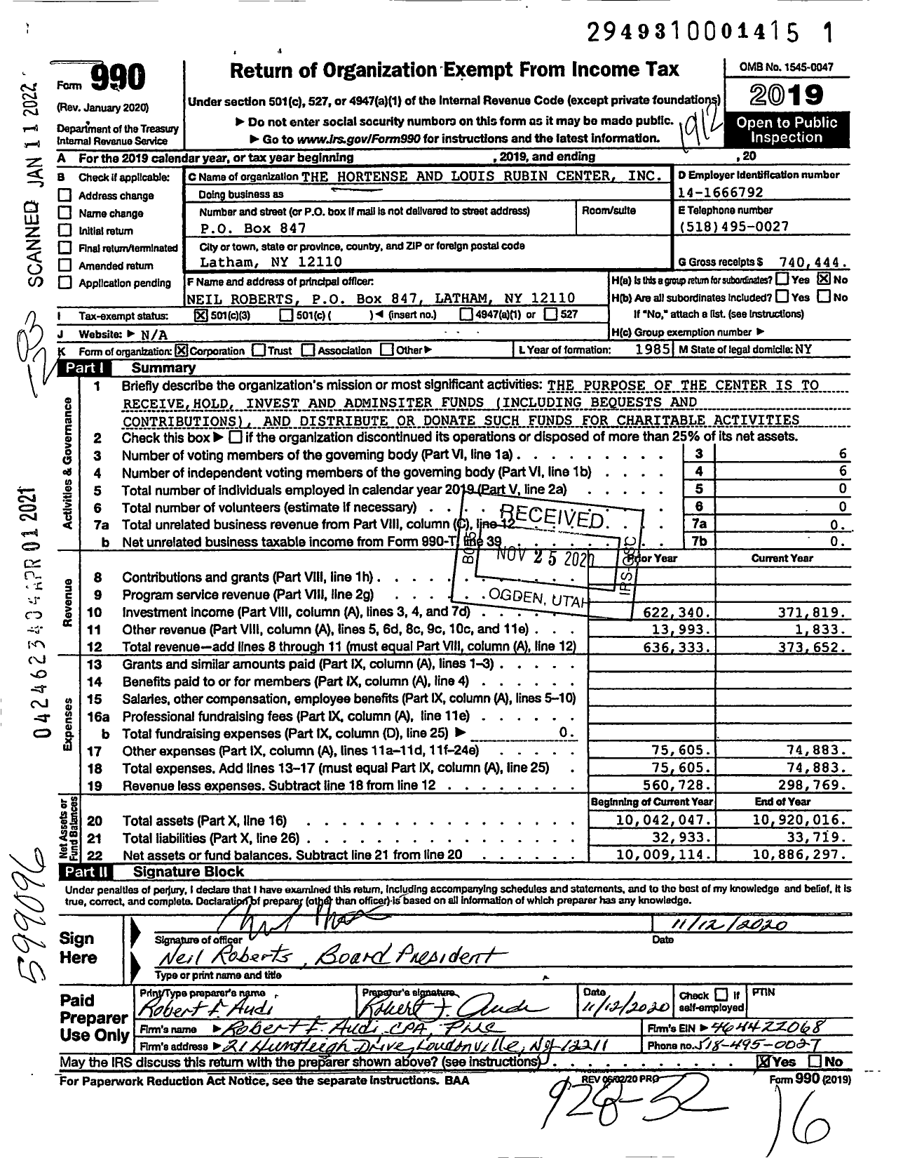 Image of first page of 2019 Form 990 for Hortense & Louis Rubin Dialysis Center