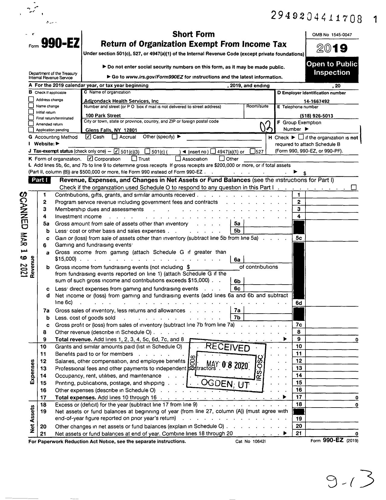 Image of first page of 2019 Form 990EZ for Adirondack Health Services Corporation