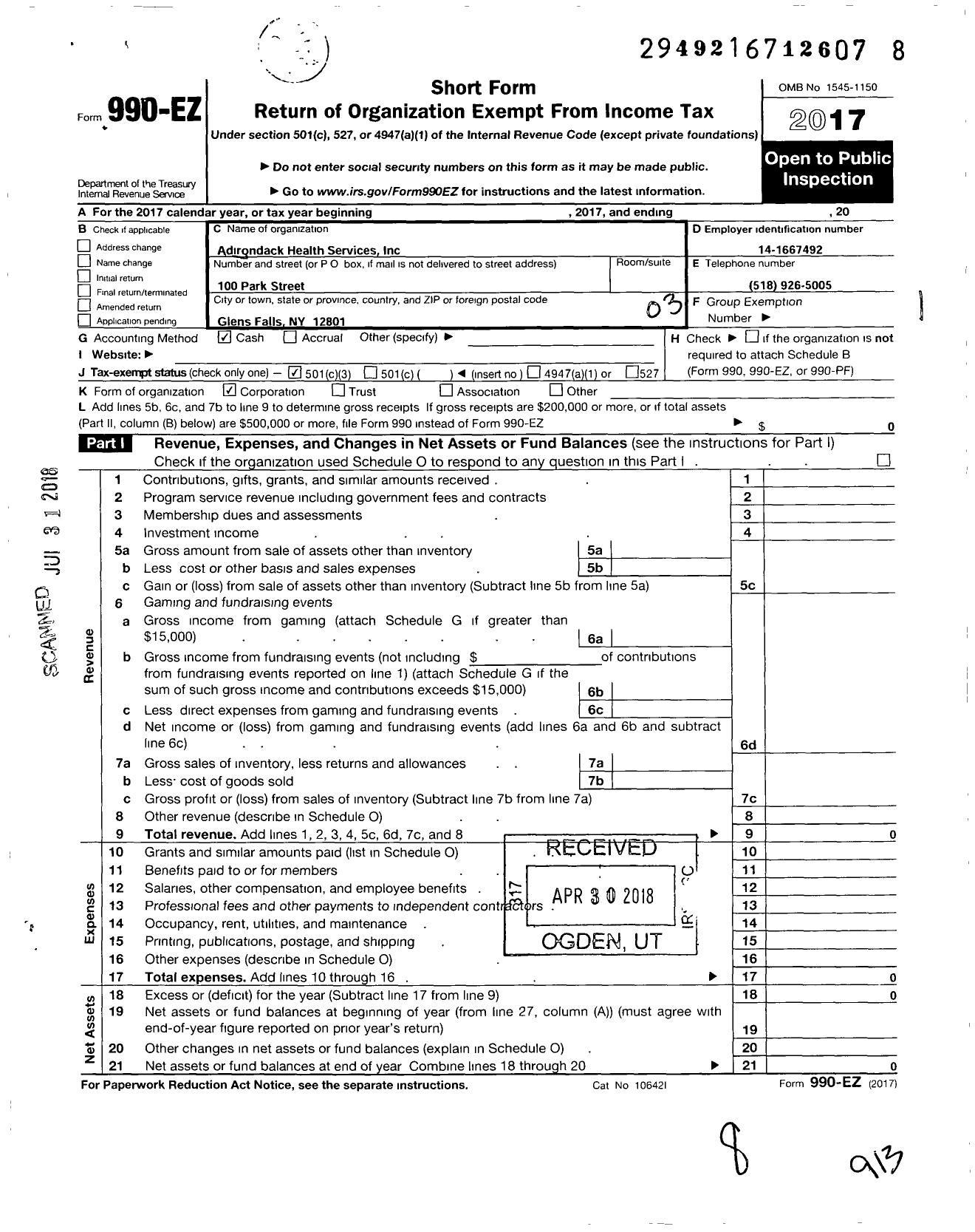 Image of first page of 2017 Form 990EZ for Adirondack Health Services Corporation