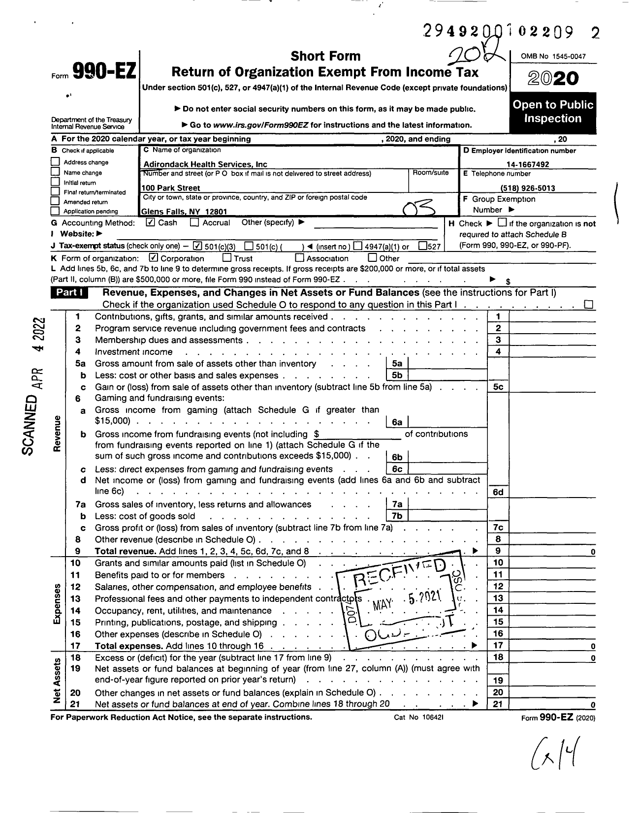 Image of first page of 2020 Form 990EZ for Adirondack Health Services Corporation