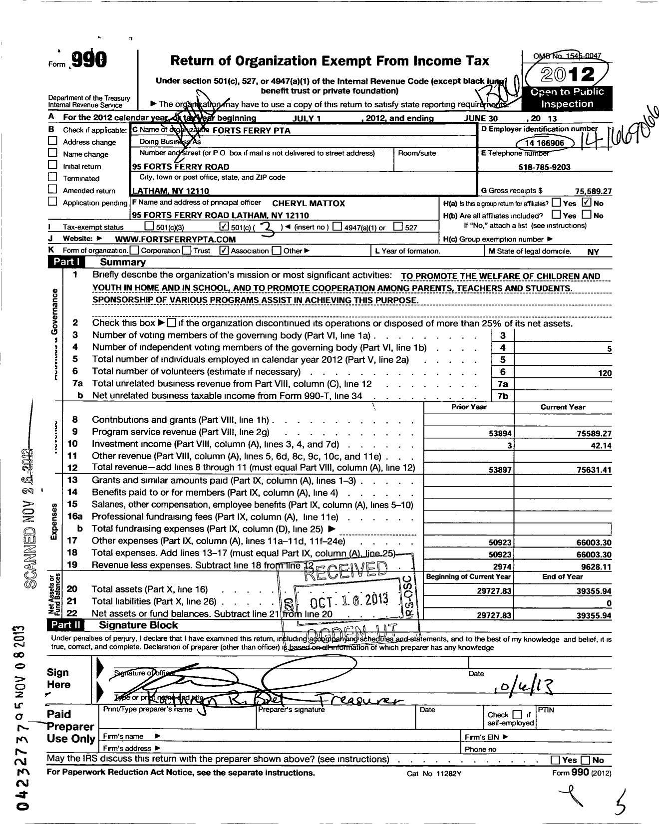 Image of first page of 2012 Form 990 for NEW YORK State PTA - 12-086 Forts Ferry PTA