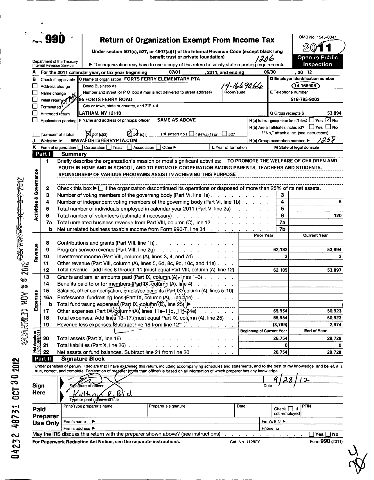 Image of first page of 2011 Form 990 for NEW YORK State PTA - 12-086 Forts Ferry PTA