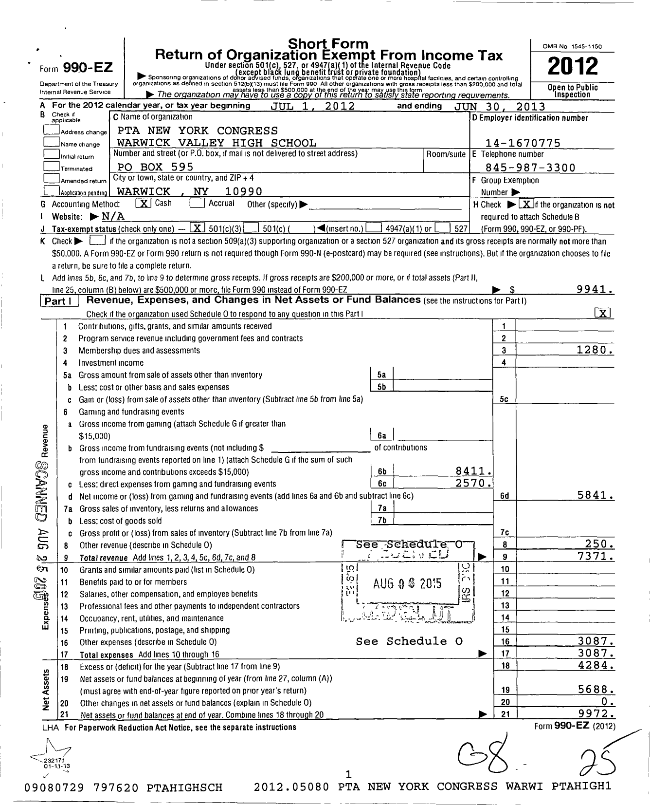 Image of first page of 2012 Form 990EZ for New York State PTA - 04-226 Warwick Valley High SCHL PTA