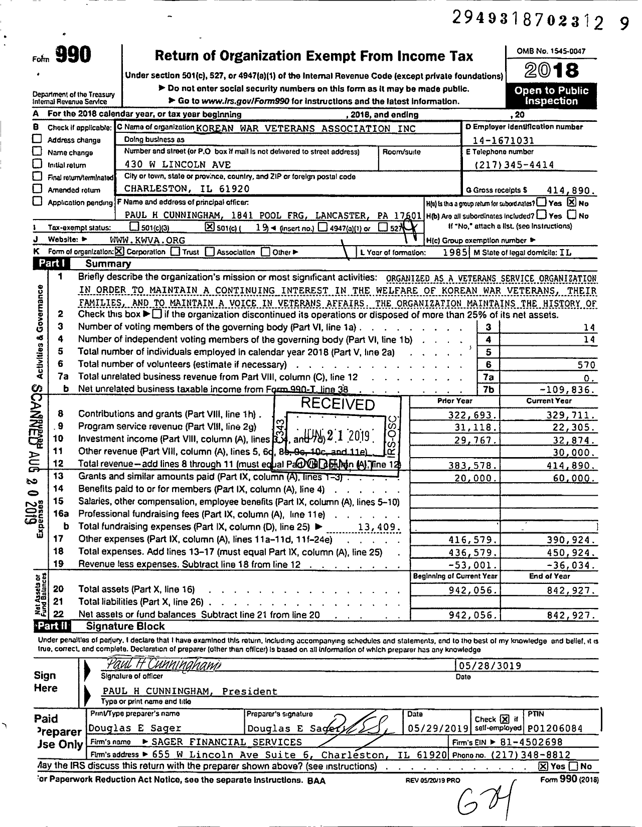 Image of first page of 2018 Form 990O for Korean War Veterans Association