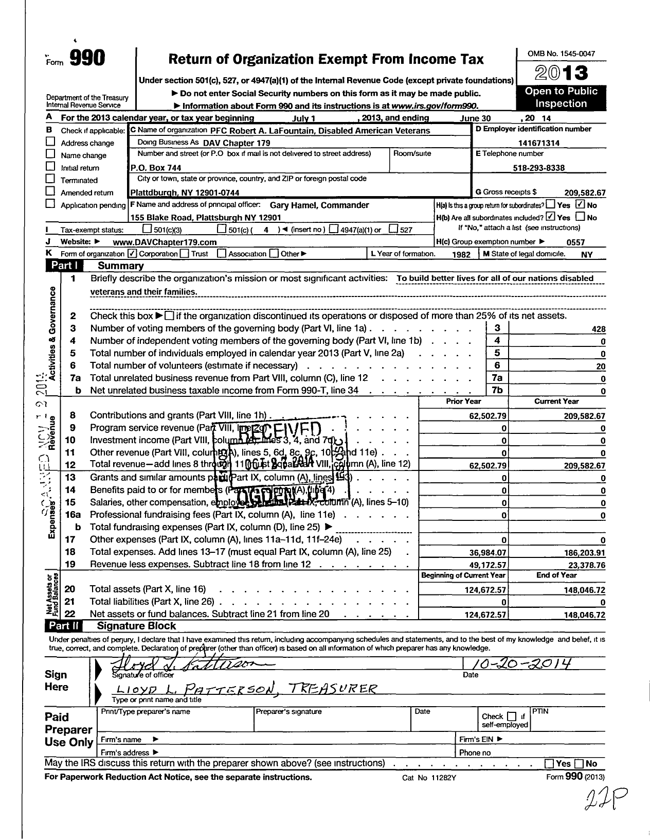 Image of first page of 2013 Form 990O for Disabled American Veterans - 179 PFC R Lafountain