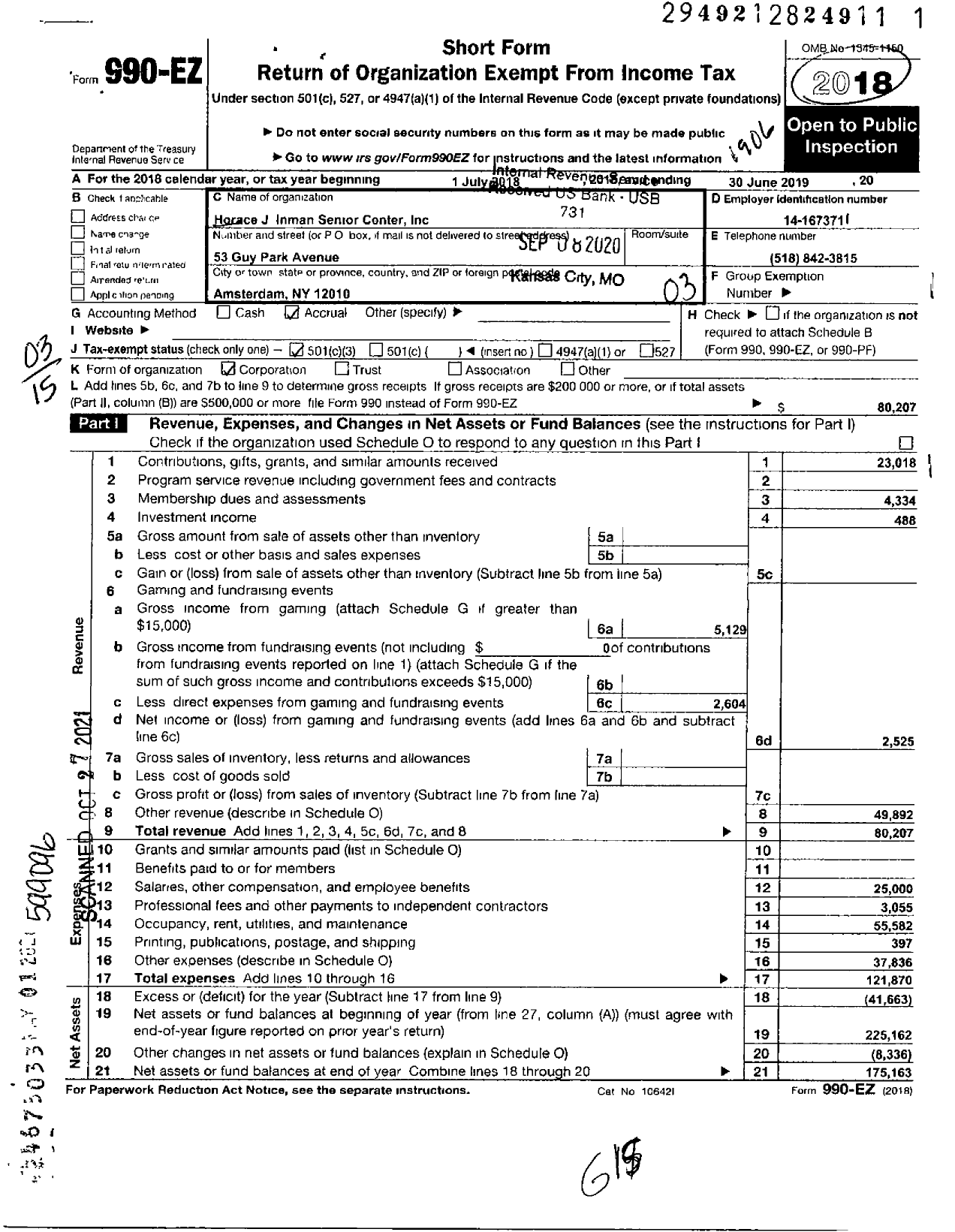 Image of first page of 2018 Form 990EZ for Horace J Inman Senior Center