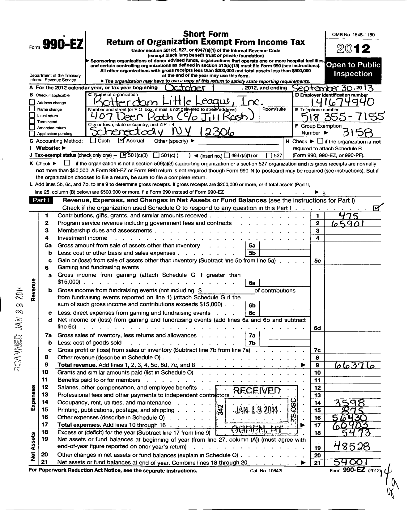 Image of first page of 2012 Form 990EZ for Little League Baseball - 2321206 RC LL