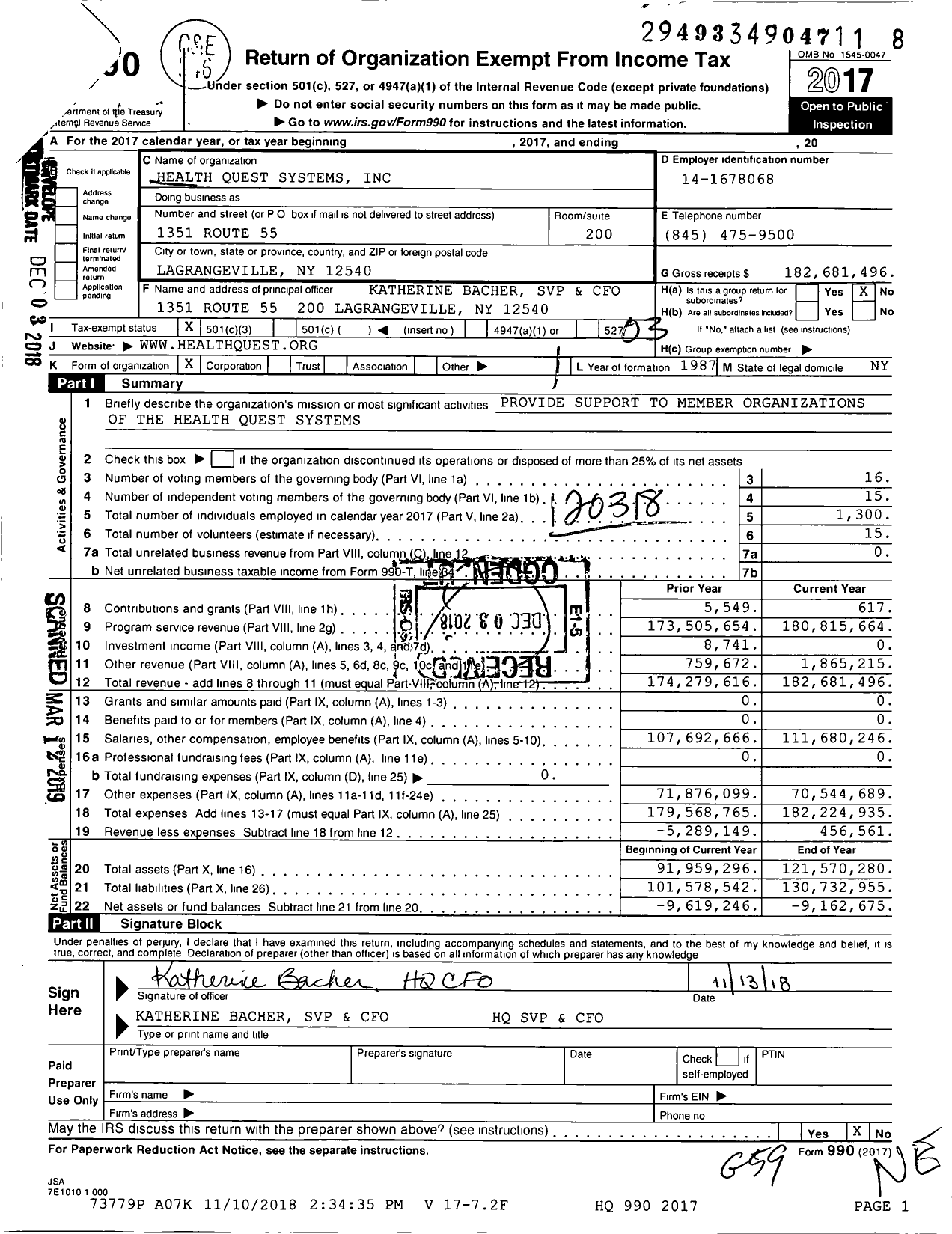 Image of first page of 2017 Form 990 for Health Quest Systems