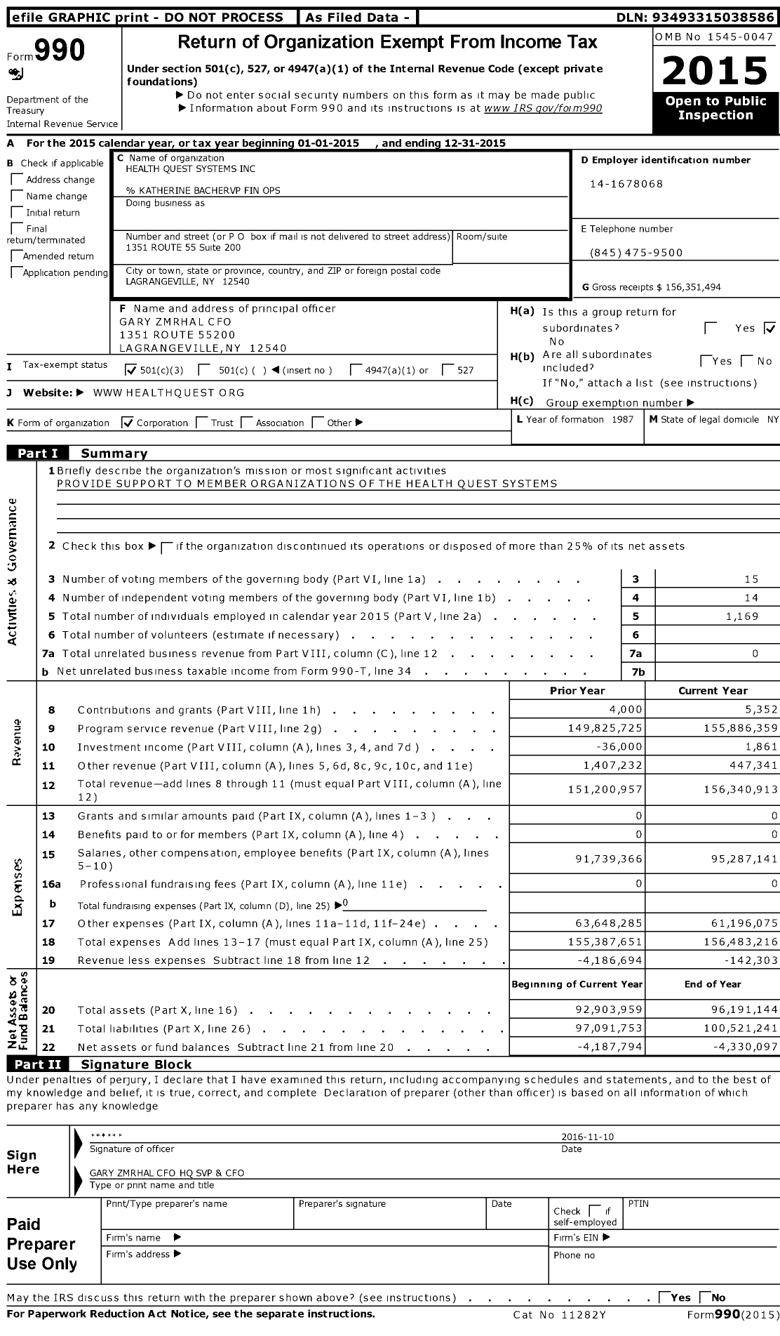 Image of first page of 2015 Form 990 for Health Quest Systems