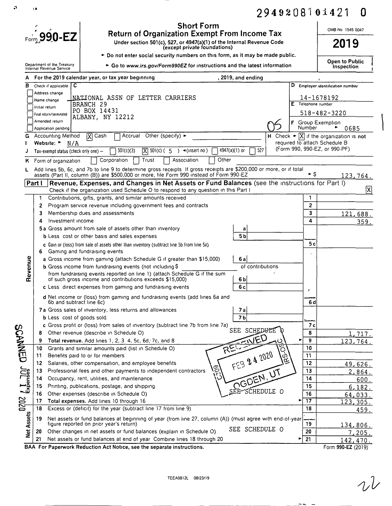Image of first page of 2019 Form 990EO for National Association of Letter Carriers - 29 Albany New York