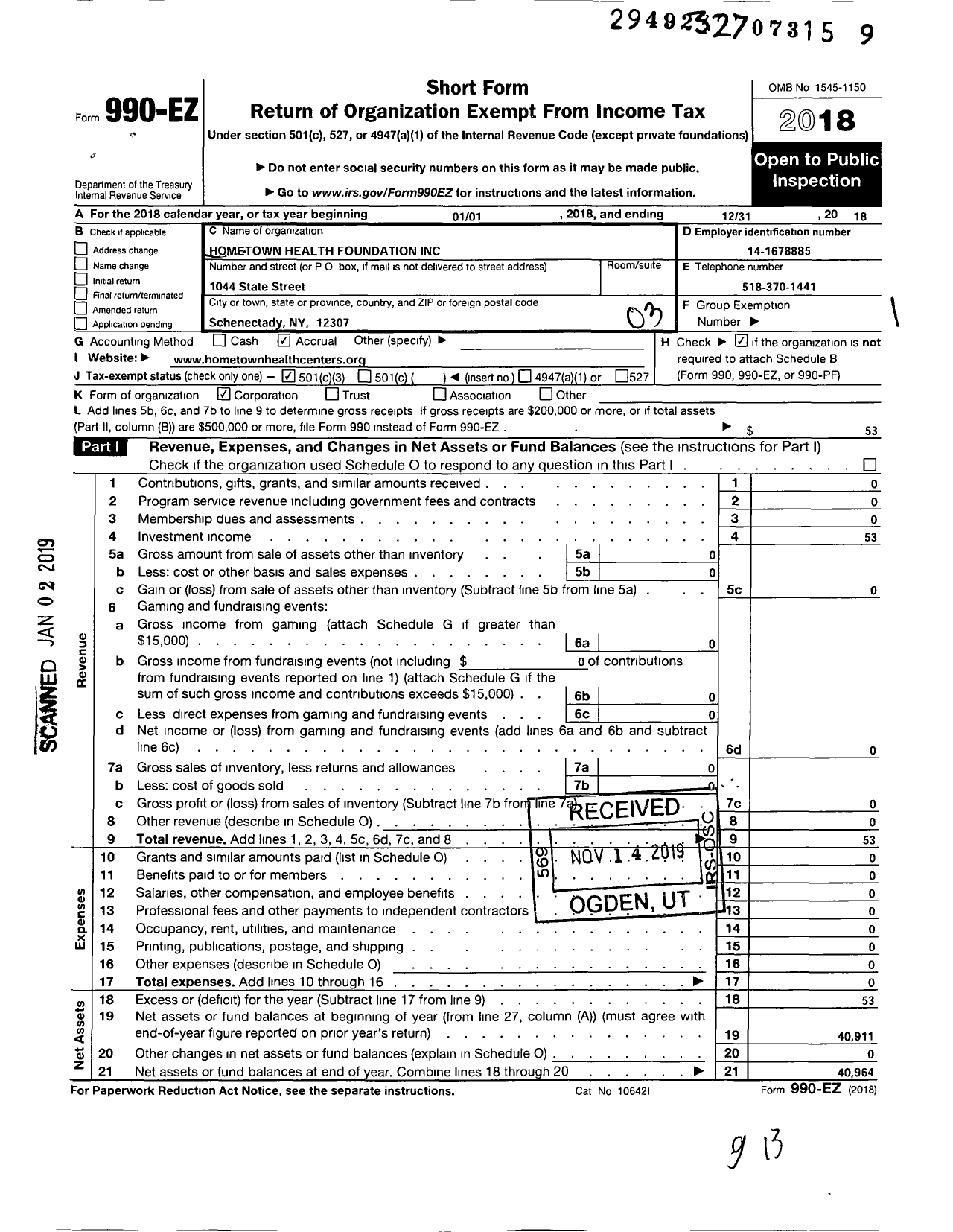 Image of first page of 2018 Form 990EZ for Hometown Health Foundation