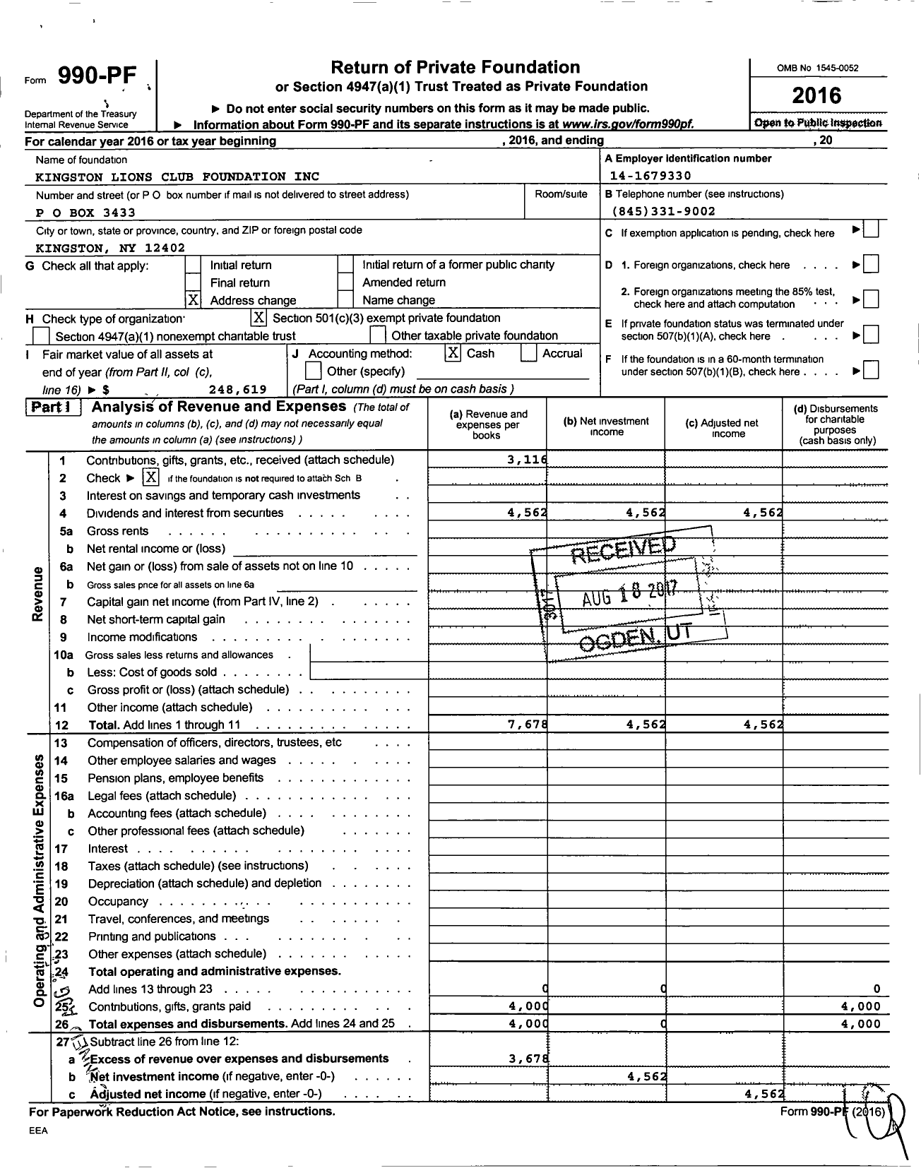 Image of first page of 2016 Form 990PF for Kingston Lions Club Foundation