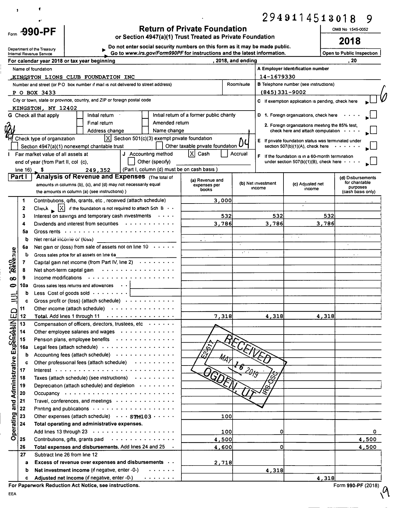 Image of first page of 2018 Form 990PF for Kingston Lions Club Foundation