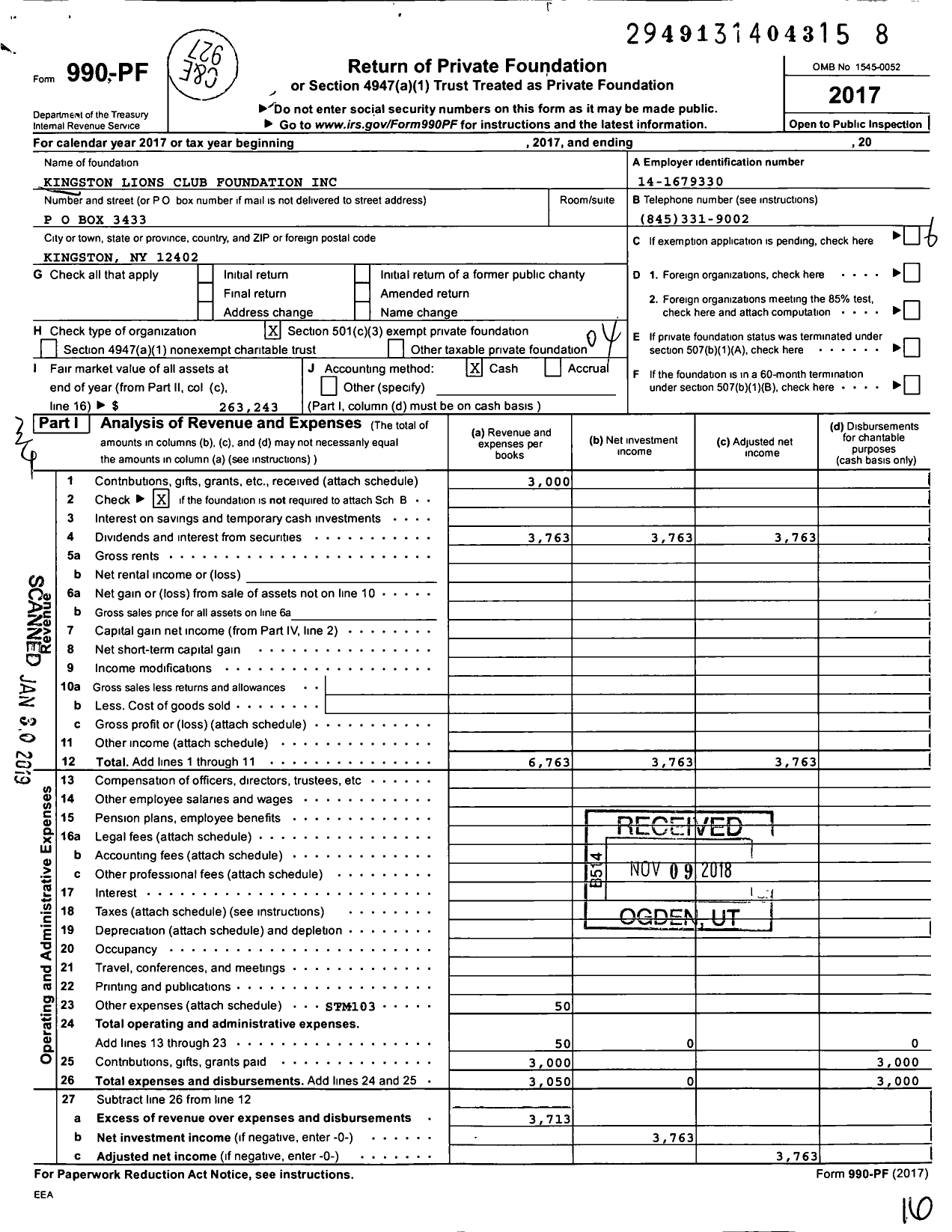 Image of first page of 2017 Form 990PF for Kingston Lions Club Foundation