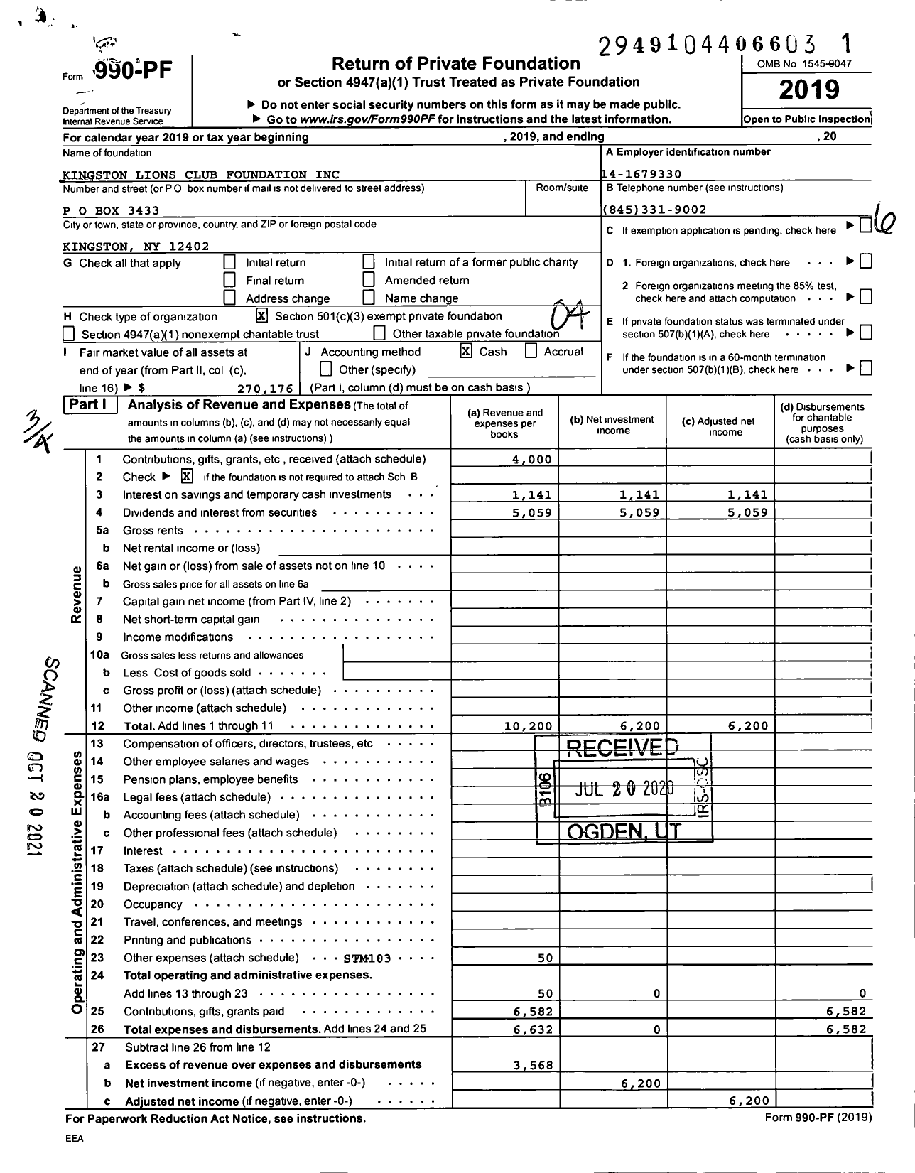 Image of first page of 2019 Form 990PF for Kingston Lions Club Foundation