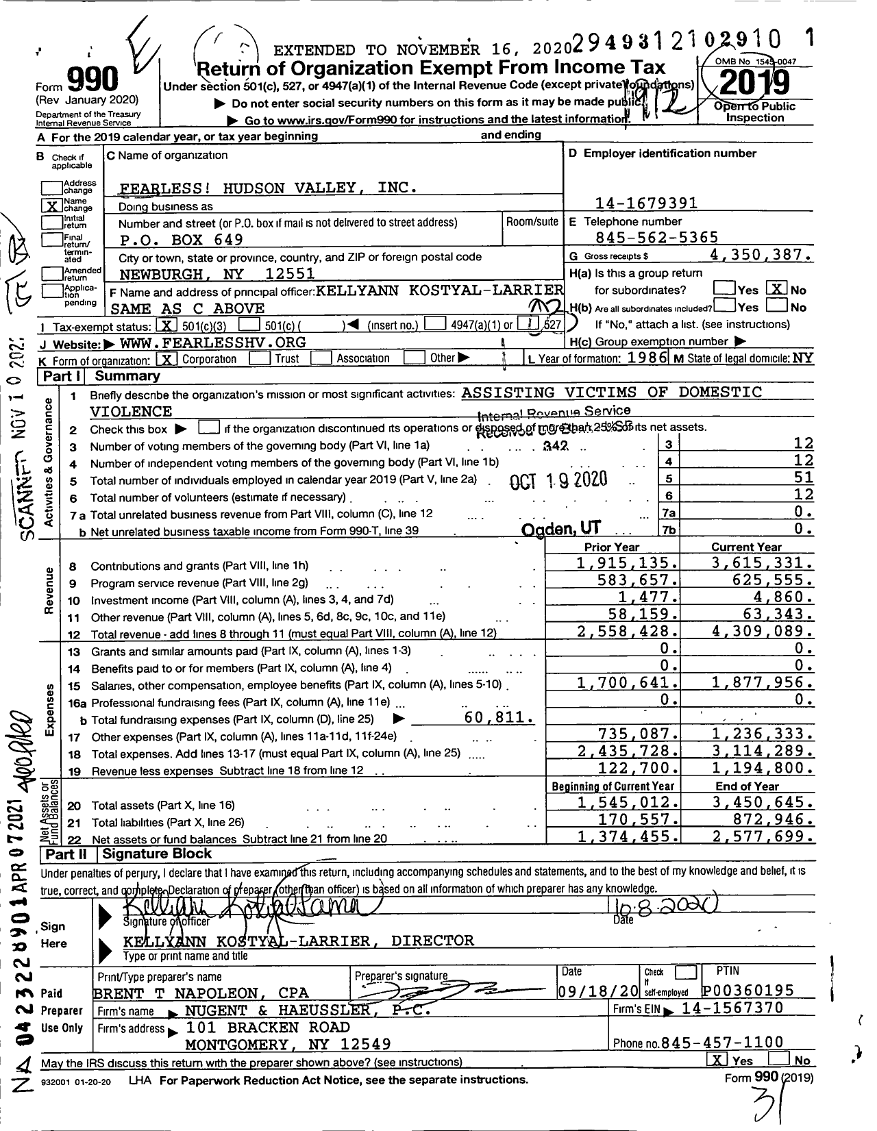 Image of first page of 2019 Form 990 for Fearless Hudson Valley