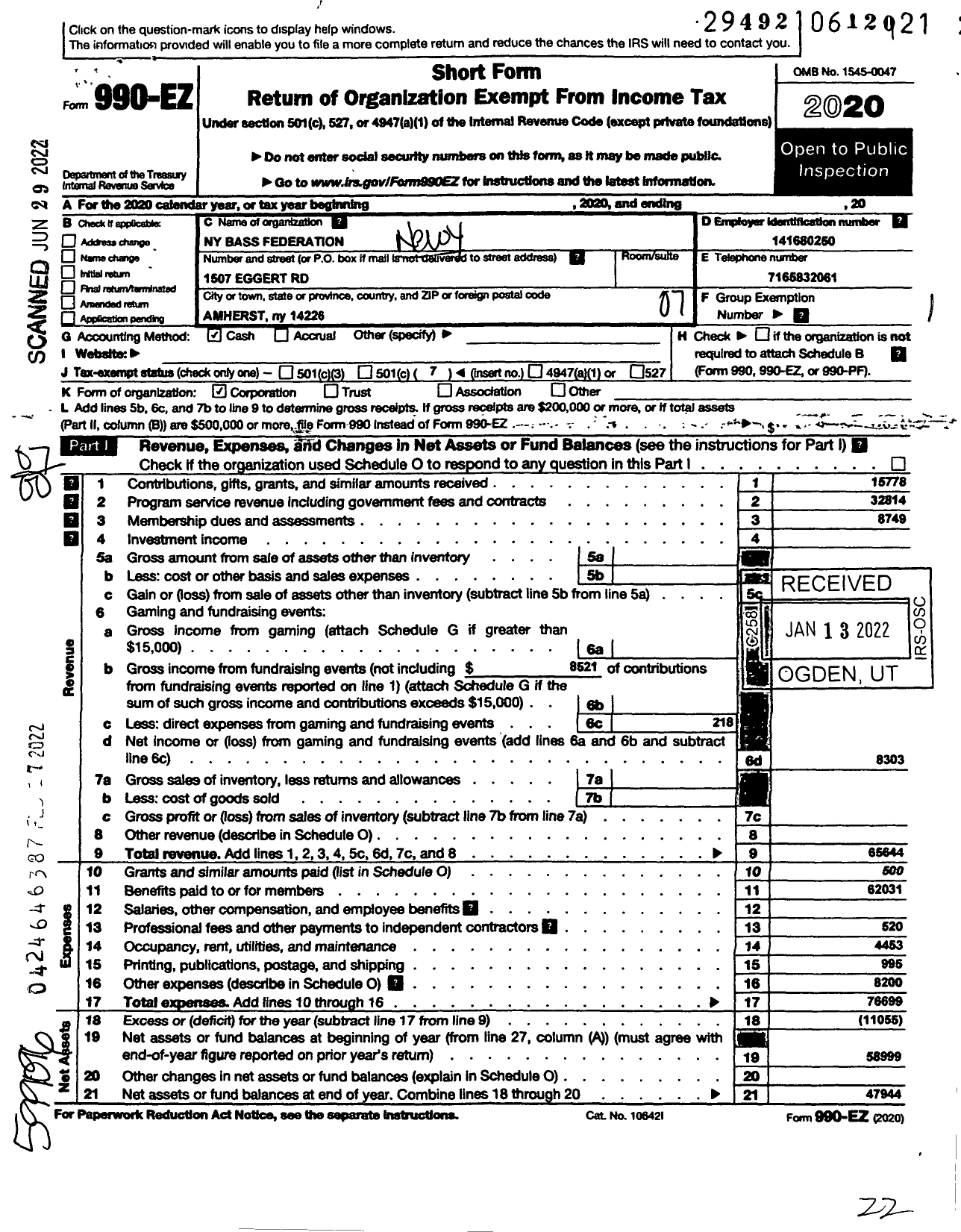 Image of first page of 2020 Form 990EO for New York Bass Chapter Federation