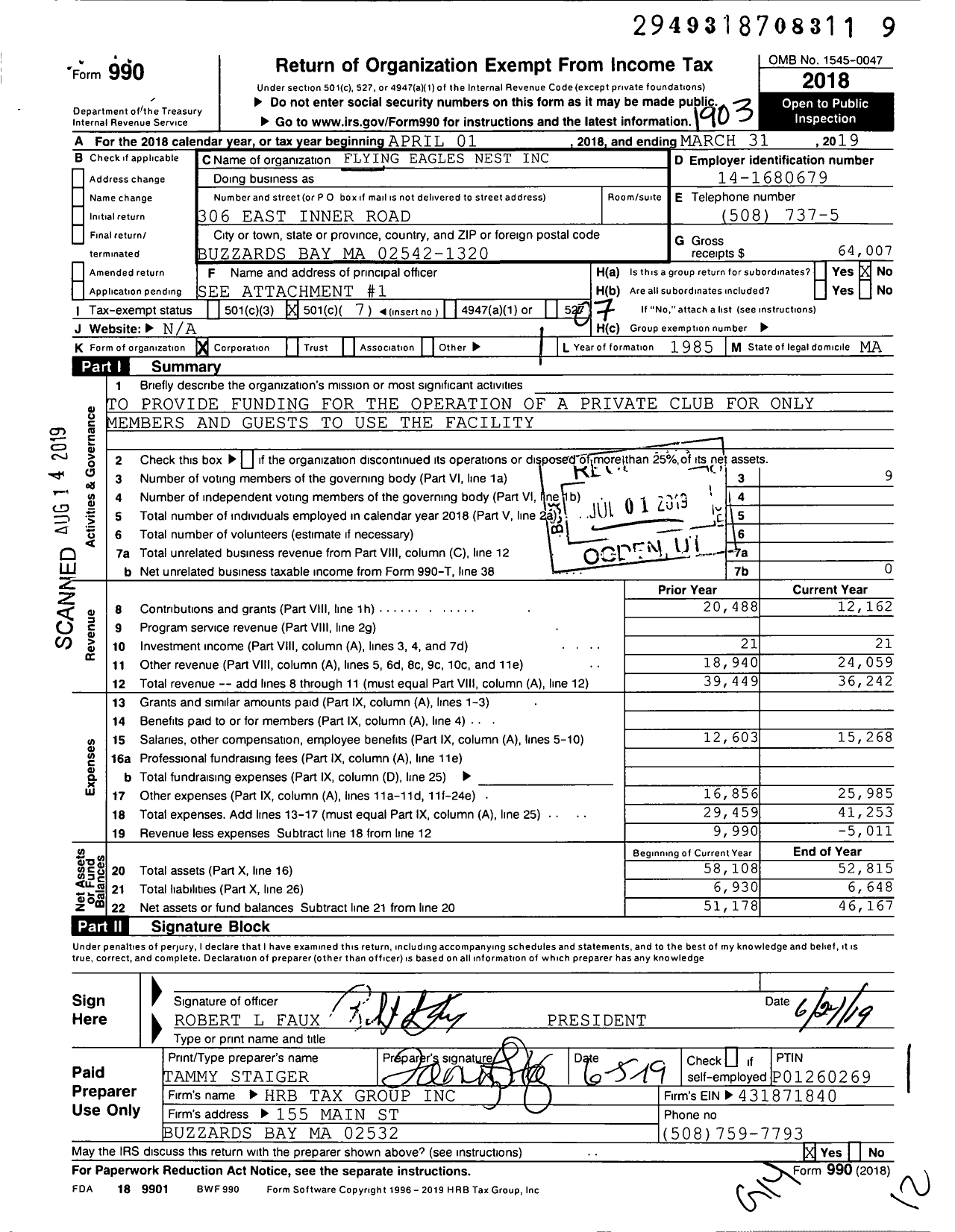 Image of first page of 2018 Form 990O for Flying Eagles Nest