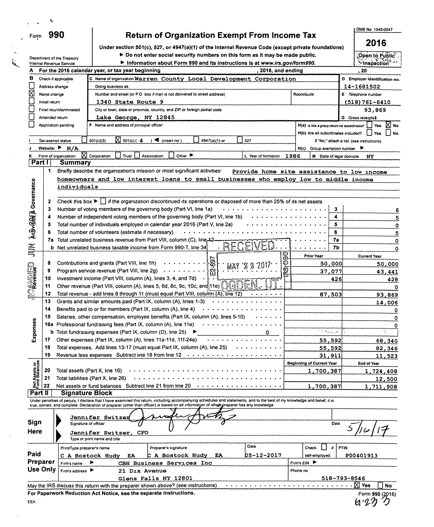 Image of first page of 2016 Form 990O for Warren County Local Development Corporation