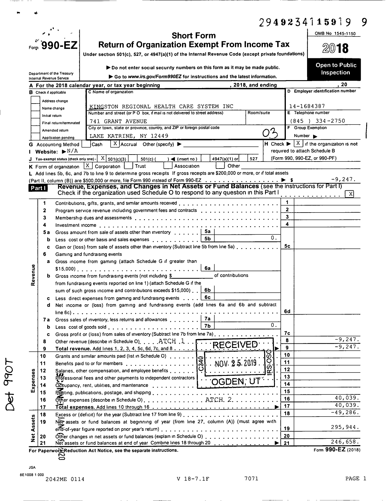 Image of first page of 2018 Form 990EZ for Kingston Regional Health Care System