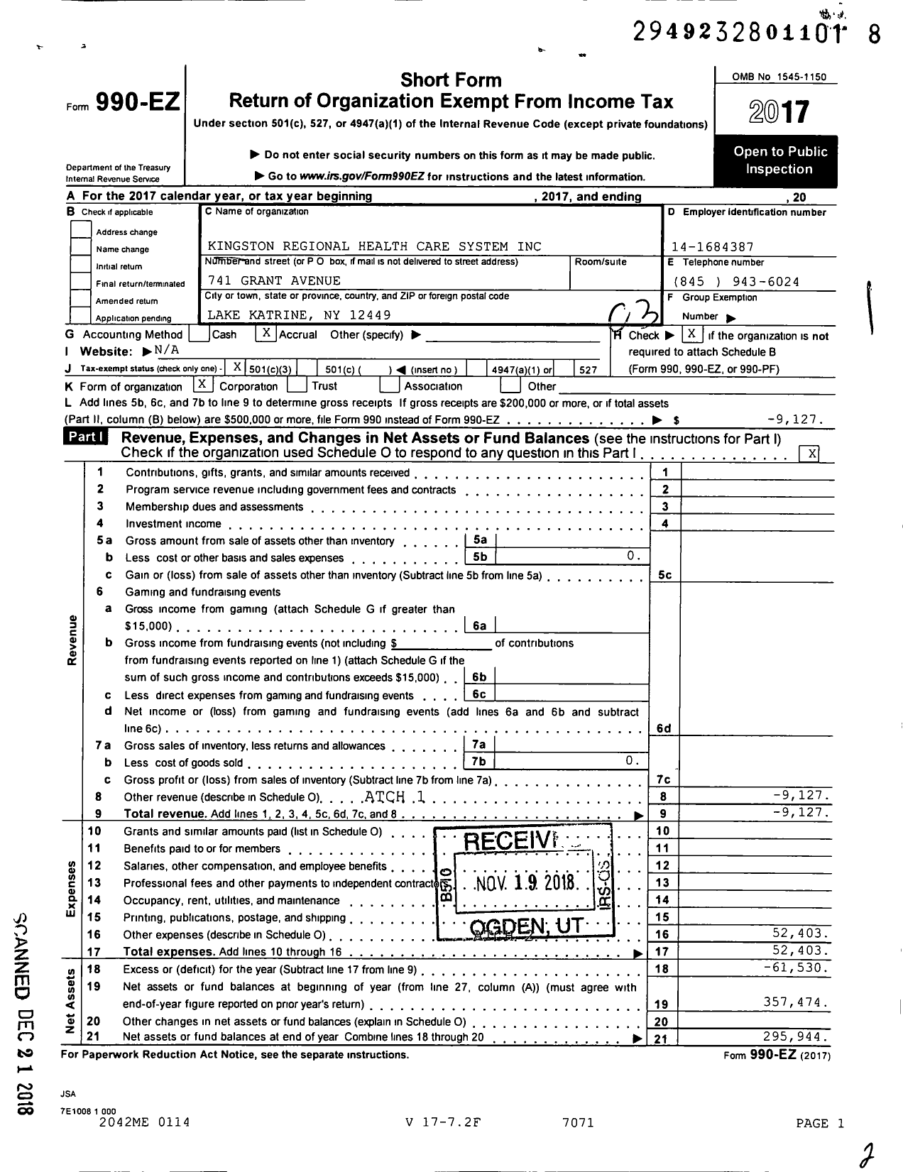 Image of first page of 2017 Form 990EZ for Kingston Regional Health Care System