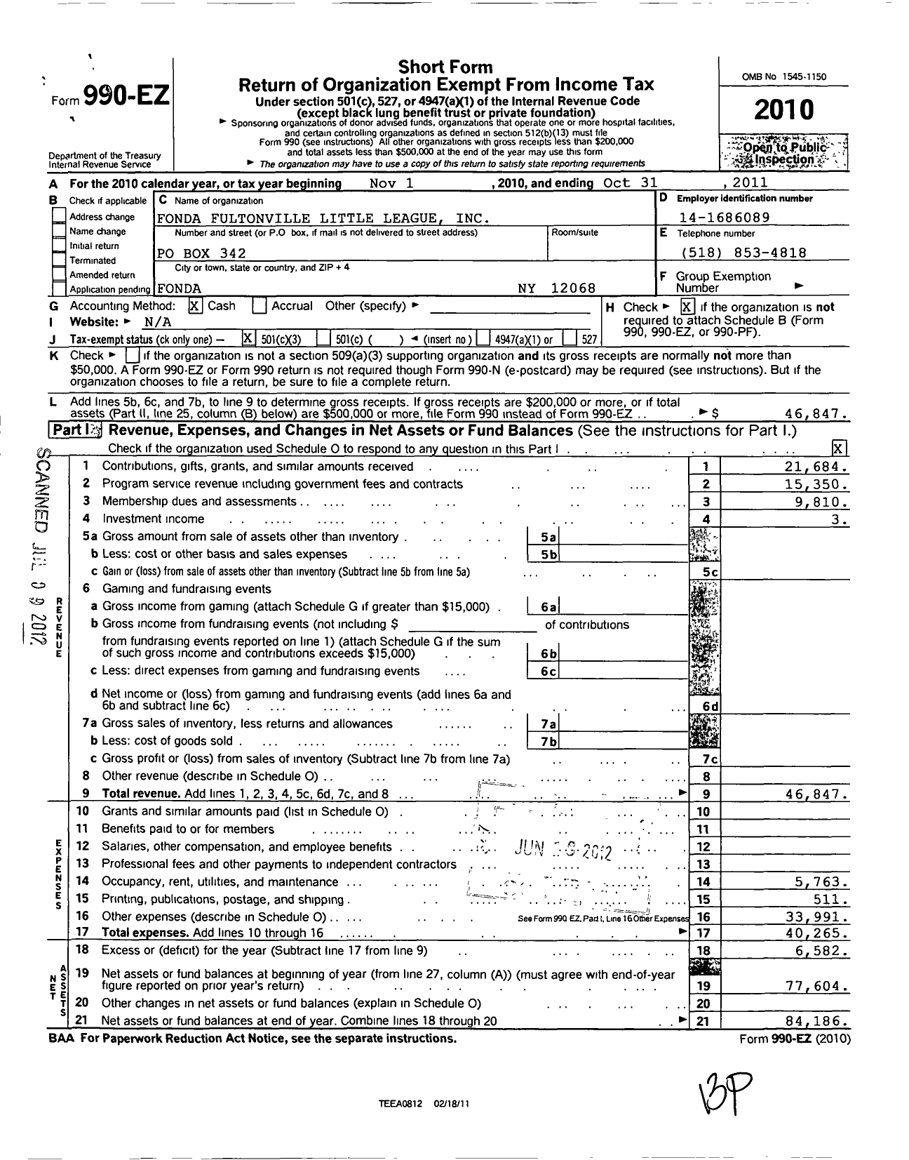 Image of first page of 2010 Form 990EZ for Little League Baseball - 2321216 Fonda-Fultonville LL