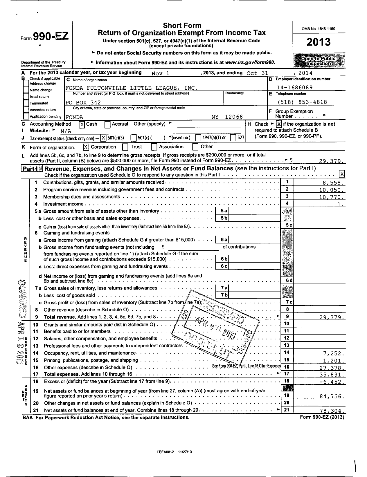 Image of first page of 2013 Form 990EZ for Little League Baseball - 2321216 Fonda-Fultonville LL