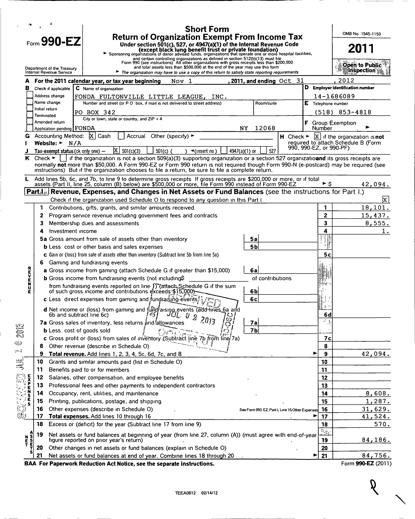 Image of first page of 2011 Form 990EZ for Little League Baseball - 2321216 Fonda-Fultonville LL