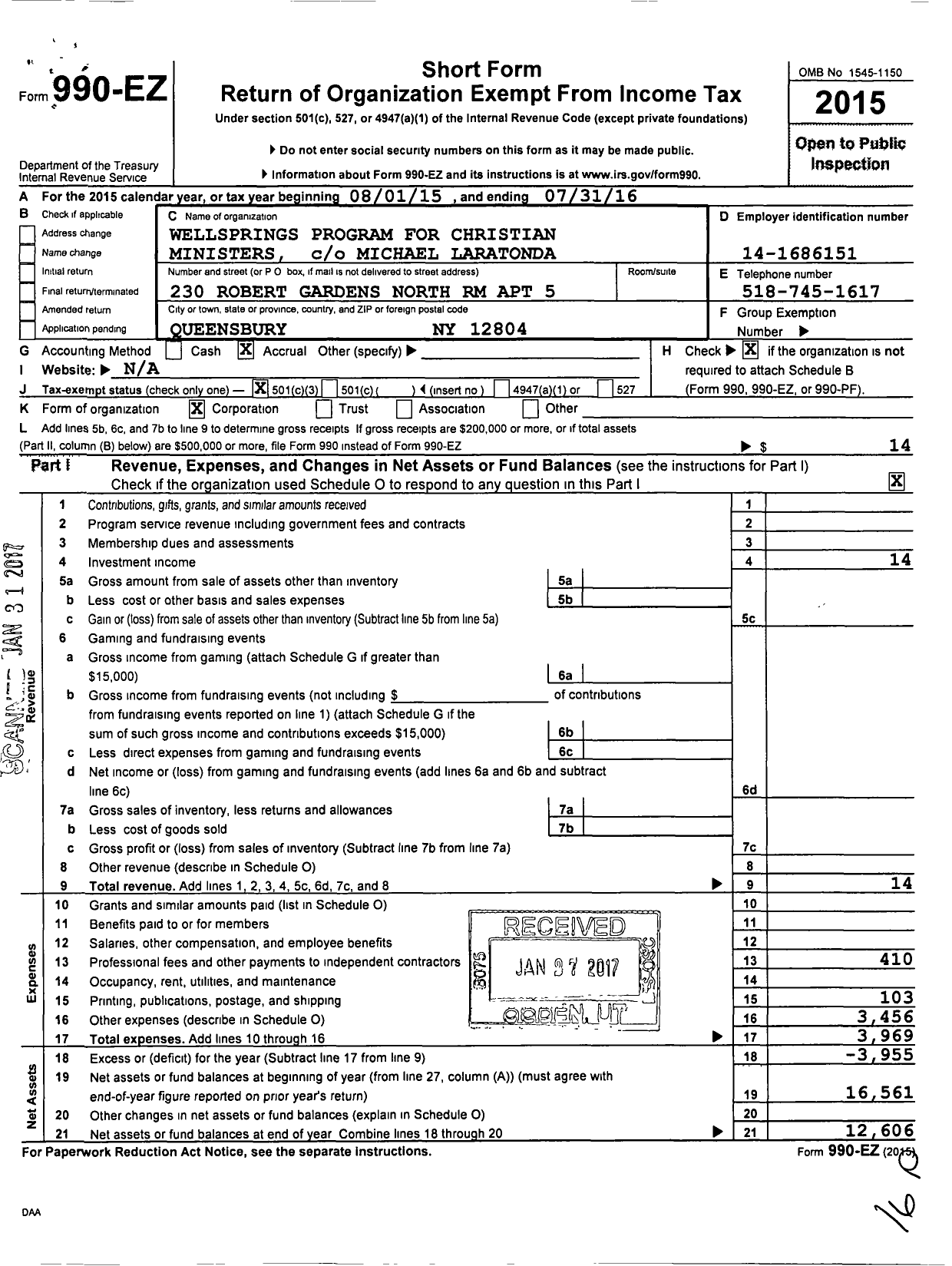 Image of first page of 2015 Form 990EZ for Wellsprings Program for Christian Ministers