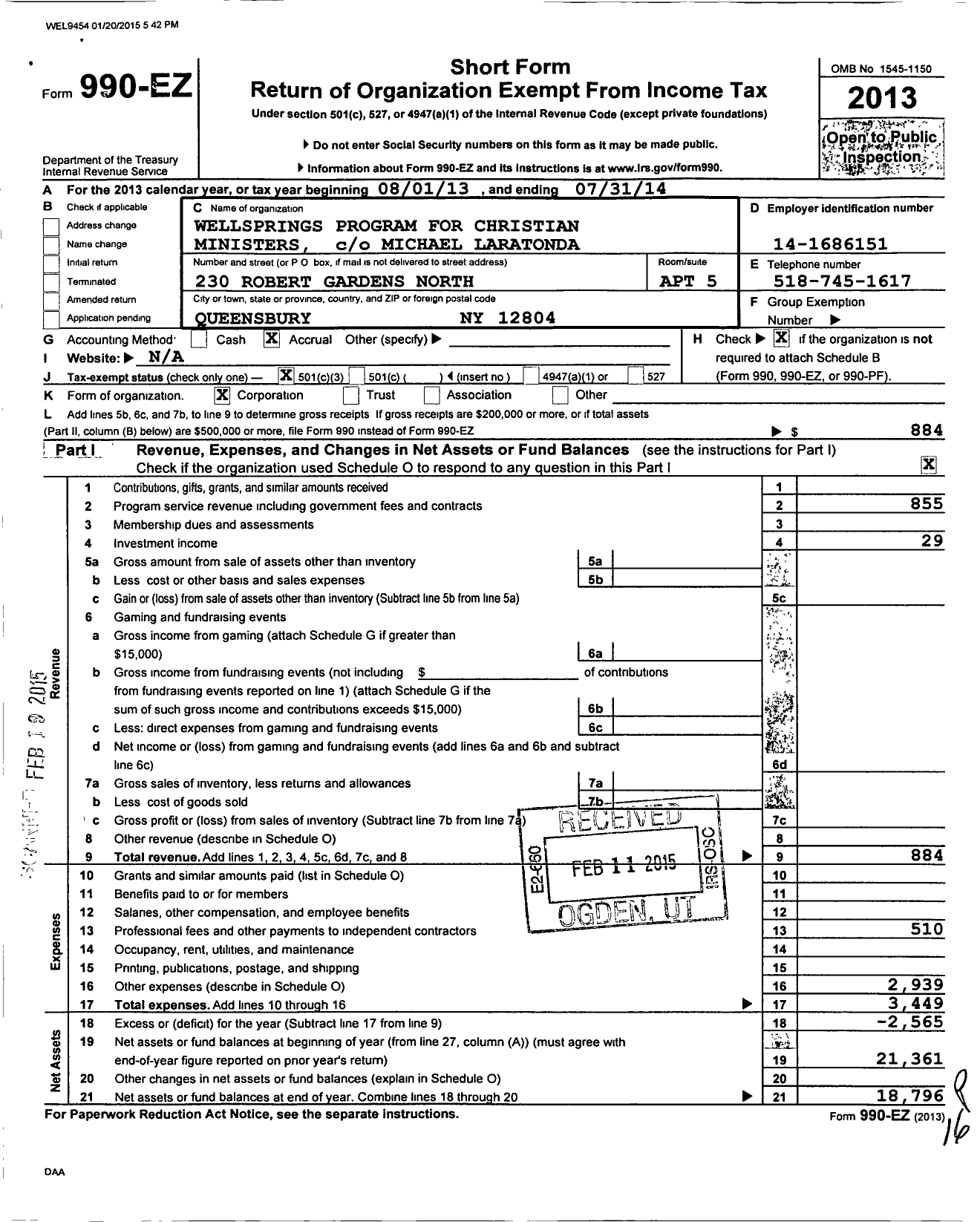 Image of first page of 2013 Form 990EZ for Wellsprings Program for Christian Ministers