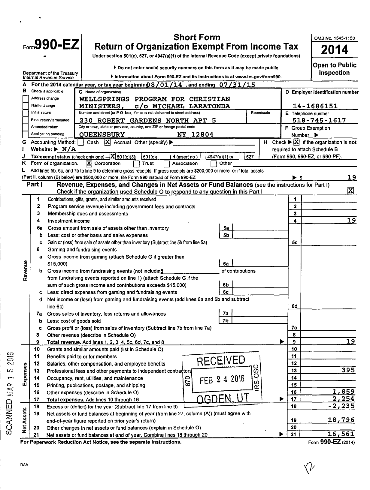 Image of first page of 2014 Form 990EZ for Wellsprings Program for Christian Ministers