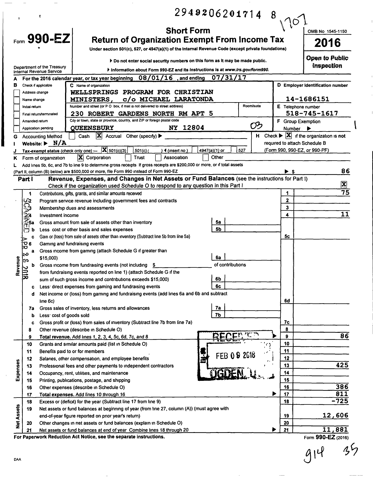 Image of first page of 2016 Form 990EZ for Wellsprings Program for Christian Ministers