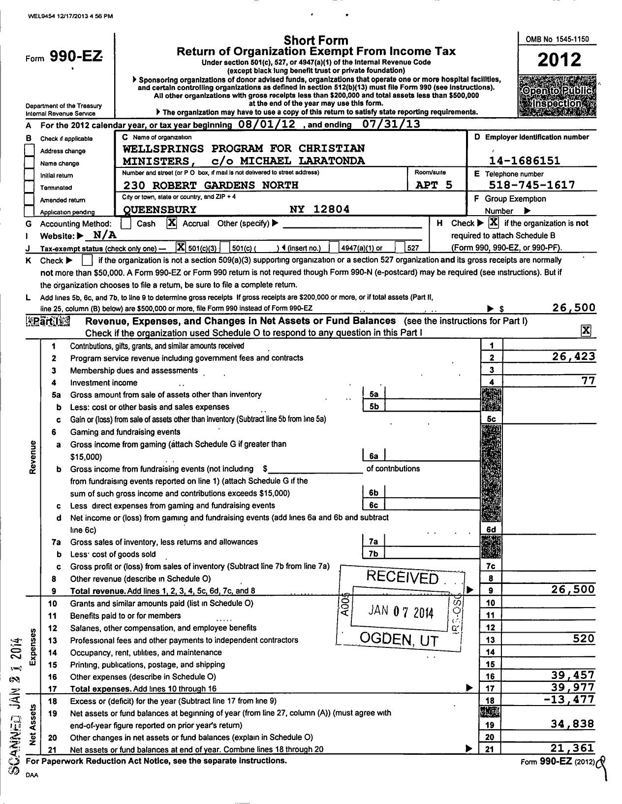 Image of first page of 2012 Form 990EZ for Wellsprings Program for Christian Ministers