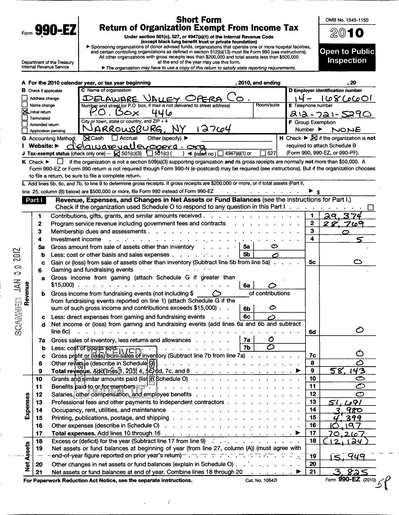 Image of first page of 2010 Form 990EZ for Delaware Valley Opera Corp