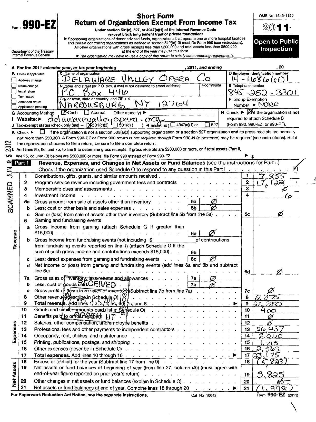 Image of first page of 2011 Form 990EZ for Delaware Valley Opera Corp