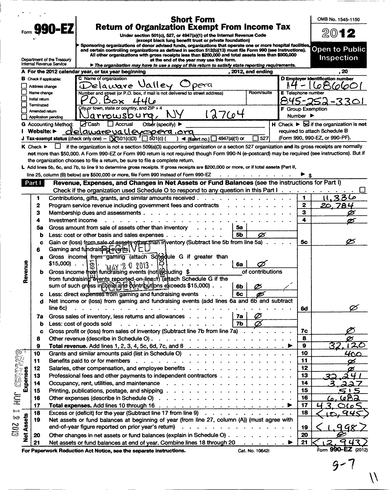 Image of first page of 2012 Form 990EZ for Delaware Valley Opera Corp