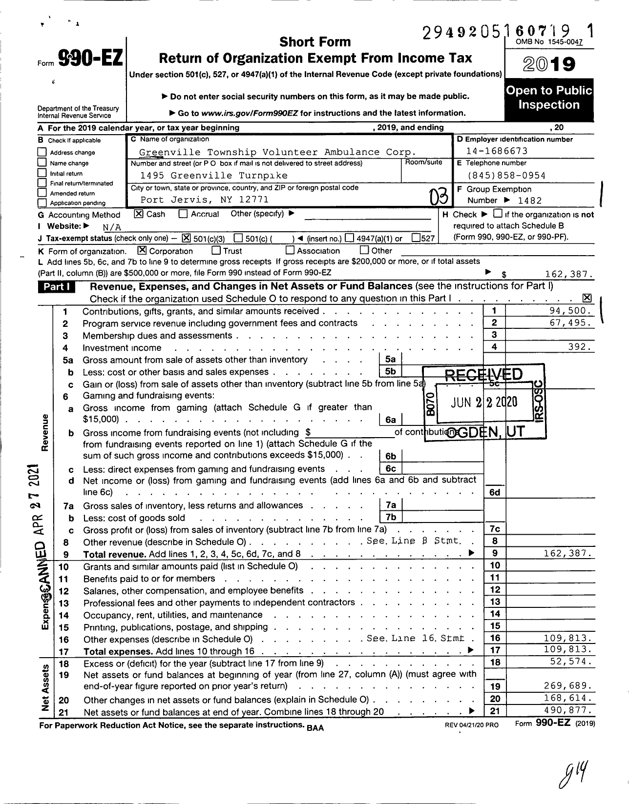 Image of first page of 2019 Form 990EZ for Greenville Township Volunteer Ambulance Corp