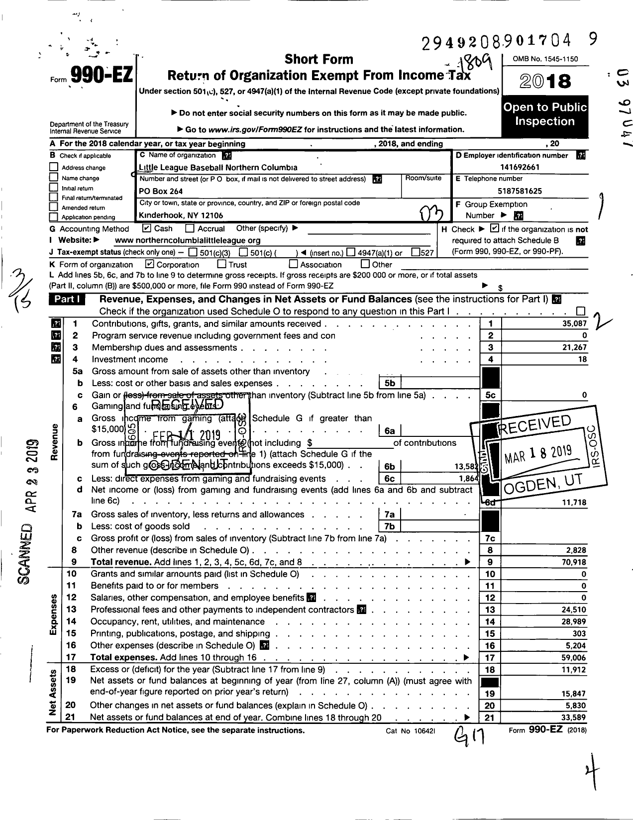 Image of first page of 2017 Form 990EZ for Little League Baseball - 2321510 Northern Columbia LL