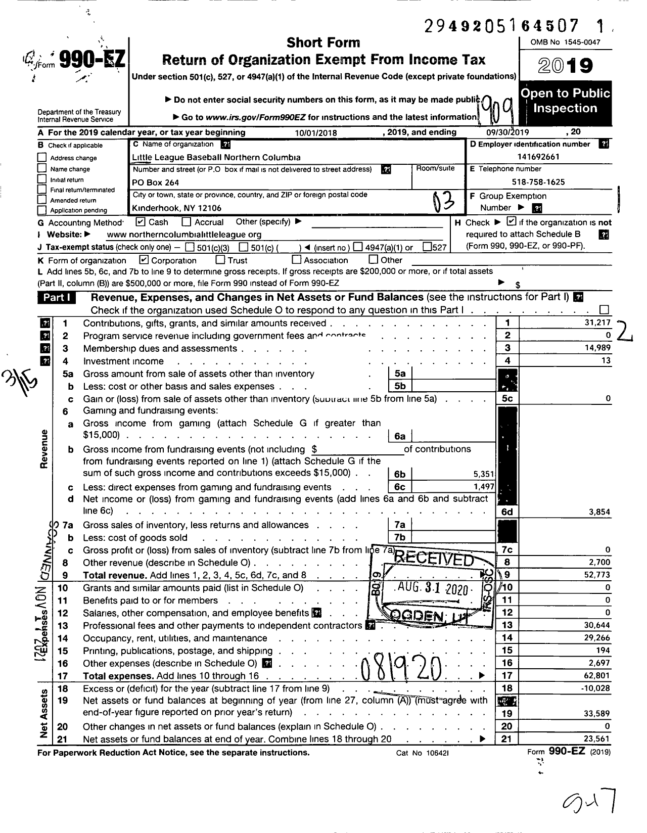 Image of first page of 2018 Form 990EZ for Little League Baseball - 2321510 Northern Columbia LL