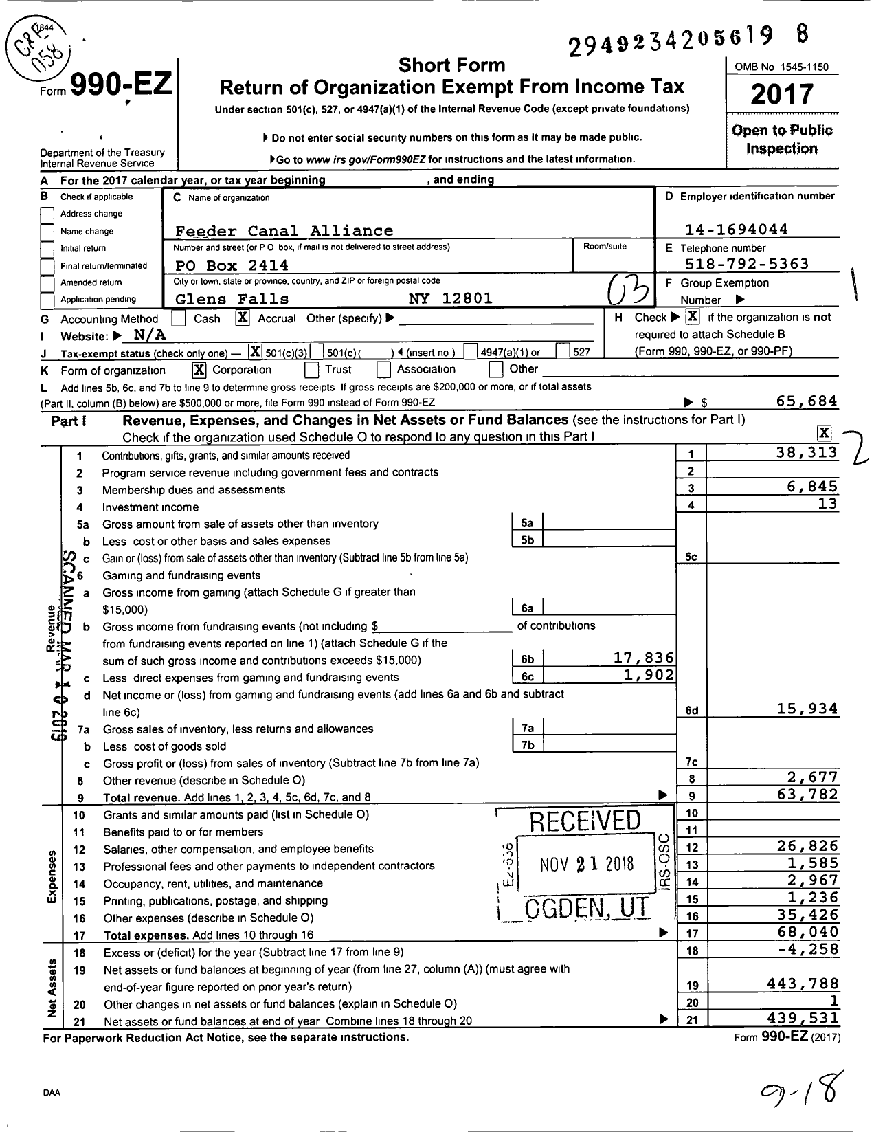 Image of first page of 2017 Form 990EZ for Feeder Canal Alliance
